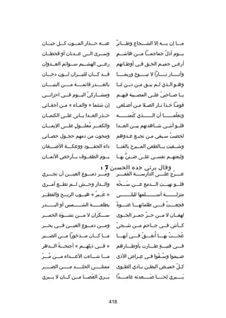 ‫ ٌ‬
‫م لللا إن ب للله إل الش لللجاع وط لللائر‬
‫ل‬
‫ل‬
‫ل‬
‫ل‬

‫عنللله حلللذار الملللوت كلللل جبلللان‬

‫ ٍ‬
‫يلللوم أذل جماجملللا ملللن هاشلللم‬
‫ ّ‬

‫وس للرى ال للى ع للدنان أو قحط للان‬
‫ل‬
‫ل‬
‫ل‬
‫ل‬

‫أرع لى جمي لم الح لق ف لي أوط لانهم‬
‫ل‬
‫ل‬
‫ل‬
‫ل‬
‫ل‬

‫رع للي الهش لليم س للوائم الع للدوان‬
‫ل‬
‫ل‬
‫ل‬
‫ل‬

‫وأنلللللار نلللللارا ل تبلللللوخ وربملللللا‬

‫قلللد كلللان للنيلللران للللون درخلللان‬

‫وه لو ال لذي ل لم يب لق م لن دي لن لن لا‬
‫ل‬
‫ل‬
‫ل‬
‫ل ل‬
‫ل ل‬

‫بالغللللدر قائمللللة مللللن البنيللللان‬
‫ل‬
‫ل‬
‫ل‬
‫ل‬

‫يللا صللاحبي علللى المصلليبة فيهللم‬
‫ ّ‬

‫ومشلللاركي اليلللوم فلللي احزانلللي‬
‫ ّ‬

‫قوم لا رخ لذا ن لار الص لل م لن أض للعي‬
‫ل‬
‫ل ل‬
‫ل ل ل‬

‫إن شئتما » والمللاء « م لن أجف لاني‬
‫ل‬
‫ل‬

‫وتعلملللللللا أن اللللللللذي كتمتللللللله‬
‫ ّ‬
‫ ّ‬

‫حللذر العللدا يللابى علللى الكتمللان‬

‫فلللو أننللي شللاهدتهم بيللن العللدا‬

‫والكفلللر معللللول عللللى اليملللان‬
‫ ٍ‬
‫ُ‬

‫لخضبت سليفي ملن نجيلع علدوهم‬
‫ل ل‬
‫ل‬
‫ُ ل‬

‫ومحوت من دمهم حجللول حصللاني‬

‫وشلللفيت بلللالطعن الملللبرح بالقنلللا‬

‫داء الحقللللود ووعكللللة الضللللغان‬
‫نَ‬

‫ولبعتهللم نفسللي علللى ضللنن بهللا‬
‫ٍّ‬

‫يللوم الطفللوف بللأررخص الثمللان‬
‫ل‬
‫ل‬
‫ل‬
‫ل‬

‫وقال يرثي جده الحسين 7 :‬

‫عللللرج علللللى الدارسللللة القفللللر‬
‫نَ‬
‫ ّ‬

‫وم لللر دم لللوع العي لللن أن تج لللري‬
‫ل‬
‫ل‬
‫ل‬
‫ُل‬

‫فللللو نهيلللت اللللدمع علللن سلللحه‬
‫نَ  ّ‬

‫واللللدار وحلللش للللم تطلللع أملللري‬

‫منزلللللللللة أسلللللللللمها للبلللللللللى‬

‫» علللبر « هبلللوب الريلللح والقطلللر‬
‫نَ ُ‬

‫ب ً‬
‫فجعللللت فللللي ظلمائهللللا عنللللوة‬
‫ُ‬
‫هِ‬

‫بطلعللللللة الشللللللمس أو البللللللدر‬

‫لهفللان ل مللن حللر جمللر الجللوى‬
‫هِ ل‬
‫ ّ‬
‫ل‬

‫سلللكران ل ملللن نشلللوة الخملللر‬
‫ل‬
‫ل نَ‬
‫ل‬
‫ل‬

‫ب ً‬
‫ك للأنني ف للي ج للاحم م للن ش للجى‬
‫ل‬
‫ ٍ ل‬
‫ل‬
‫ل‬
‫ل‬

‫وملللن دملللوع العيلللن فلللي بحلللر‬

‫ُ‬
‫عجللللت بهللللا أنفللللق فللللي آيهللللا‬
‫ُ‬
‫ُ‬
‫ُ‬

‫ملللا كلللان ملللذرخورا ملللن الصلللبر‬

‫ف لللي فتي لللة ط لللارت بأوط لللارهم‬
‫ل‬
‫ل  ٍ ل‬
‫ل‬

‫» فلللي ذيلهلللم « أجنحلللة اللللدهر‬
‫ُ‬

‫ضلليموا وس لقوا فللي عللراض الذى‬
‫هِ‬
‫ُ  ّ‬

‫ُ  ّ‬
‫ملللا شلللاءت العلللداء ملللن ملللر‬

‫ك لل رخميللص البطللن بللادي الطللوى‬
‫ ّ‬

‫ممتللللللئ الجللللللد ملللللن الضلللللر‬

‫ي للللبري لح للللا ص للللعدته عام للللدا‬
‫ل‬
‫نَل‬
‫هِ ل‬
‫نَل‬

‫بلللري العصلللا ملللن كلللان ل يلللبري‬
‫نَ نَ‬
‫نَ‬

‫814‬

 