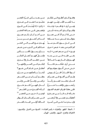 ‫وهلللو اللللذي أطللللع فلللي ليلكلللم‬

‫ملللن بعلللد يلللأس غلللرة الفجلللر‬
‫ ّ‬

‫ي لللا عص لللب ا للل وم لللن حبه لللم‬
‫ل‬
‫نَل‬
‫ل‬
‫ُ ل‬
‫ل‬

‫مخيلللم ملللا عشلللت فلللي صلللدري‬
‫ ّ‬

‫ومللللن أرى » ودهللللم « وحللللده‬
‫نَ‬

‫» زادي « إذا وسلللدت فلللي قلللبري‬
‫ُ‬
‫ُ  ّ‬

‫وهللللو الللللذي أعللللددته جنللللتي‬
‫ُل‬
‫ل‬
‫ل‬
‫ل‬

‫وعصلللمتي فلللي سلللاعة الحشلللر‬

‫ ٍ‬
‫حللللتى إذا لللللم أك فللللي نصللللرة‬
‫ُ‬

‫ملللن أحلللد كلللان بكلللم نصلللري‬
‫ل‬
‫ل‬
‫ل  ٍ ل‬
‫ل‬

‫بموقلللللف ليلللللس بللللله سللللللعة‬

‫ ّ‬
‫لتللللللاجر أنفللللللق مللللللن بللللللر‬
‫هِ‬

‫ ٌ‬
‫فللللي كللللل يللللوم لكللللم سلللليد‬

‫يهلللدى ملللع النيلللب اللللى النحلللر‬
‫ُ‬

‫كم لك لم م لن بع لد » ش لمر « م لرى‬
‫ل‬
‫ل  ٍ‬
‫ل‬
‫ل ل‬

‫دم للائكم ف للي ال للترب م للن ش للمر‬
‫ل‬
‫ل‬
‫ل‬
‫ل‬
‫ل‬

‫ويلللح » ابلللن سلللعد عملللر « إنللله‬
‫ ٍ‬
‫ ٍ‬

‫بلللللاع رسلللللول ا للللل بلللللالنزر‬
‫ل‬
‫ل‬
‫ل‬
‫ل‬

‫بغللللي عليلللله فللللي بنللللي بنتلللله‬

‫واسللللتل فيهللللم أنصللللل المكللللر‬
‫ ّ‬

‫فهلللللو وإن فلللللاز بهلللللا علللللاجل ب ً‬

‫مللللن حطللللب النللللار ول يللللدري‬

‫م للللللتى أرى حقك للللللم عائ للللللدا‬
‫ل‬
‫ ّ ل‬
‫ل‬

‫إليكللللم فللللي السللللر والجهللللر؟‬

‫ح لللتى م لللتى أل لللوى بموع لللودكم‬
‫ل‬
‫ُل‬
‫ل‬
‫ل‬

‫أمطلللل ملللن علللام اللللى شلللهر؟‬

‫للللللول هنلللللات هلللللن يللللللوينني‬
‫ ّ‬
‫ ٌ‬
‫نَ‬

‫لبحللللتُ بللللالمكتوم مللللن سللللري‬
‫ ّ‬
‫ُ‬

‫وللللم أكلللن أقنلللع فلللي نصلللركم‬

‫بنظلللللم أبيلللللات ملللللن الشلللللعر‬
‫ ٍ‬

‫ ٌ‬
‫ف لللللإن تجل لللللت غم لللللم رك لللللد‬
‫ ّل‬
‫ل‬
‫ل‬
‫ل‬

‫تركننلللللي وعلللللرا عللللللى وعلللللر‬
‫نَ‬

‫ ّ  ٌ‬
‫رأيتملللللللوني والقنلللللللا شلللللللرع‬

‫أبلللللذل فيهلللللن لكلللللم نحلللللري‬
‫ ّ‬

‫علللى مطللا طللرف رخفيللف الشللوى‬
‫ ٍ‬
‫هِ‬

‫هِ‬
‫كللللأنه القللللدح مللللن الضللللمر‬
‫ُ‬
‫هِ‬

‫)1(‬

‫ ٍ‬
‫تخللللاله قللللد قللللد مللللن صللللخرة‬
‫ ّ‬

‫اوجي للب اذ ح للبيب م للن الحض للر‬
‫ل‬
‫ل‬
‫ل‬
‫ل‬

‫)2(‬

‫أعطيكللللم نفسللللي ول أرتضللللي‬

‫فللللي نصللللركم بالبللللذل للللللوفر‬

‫وإن يلللدم ملللا نحلللن فلللي أسلللره‬

‫فلللللالله أوللللللى فيللللله بالعلللللذر‬

‫__________________‬
‫1 ل المطا : الظهر ، والطرف » بكسر الط لاء « : الج لواد م لن الخي لل ، والش لوى :‬
‫ل‬
‫ل‬
‫ل‬
‫ل‬
‫ل‬
‫الطراف والقدح : السهم ، والضمر : الهزال.‬

‫124‬

 