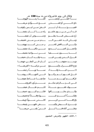 ‫وقال في يوم عاشرواء من » سنة 034 «.‬

‫يلللللللللا رخليللللللللللي ومعينلللللللللي‬

‫كلمللللللللا رمللللللللت النهوضللللللللا‬
‫ُ‬

‫داو دائلللللللللللي أو فعلللللللللللدني‬
‫هِ‬

‫مللللللللع عللللللللوادي مريضللللللللا‬
‫ ّ‬
‫ل‬

‫فقبيلللللللللح بلللللللللك أن تلللللللللر‬
‫نَ‬

‫فلللللضنَ ملللللن ليلللللس رفوضلللللا‬

‫قللللد أتللللى مللللن يللللوم عاشللللو‬

‫راء مللللللللا كللللللللان بغيضللللللللا‬
‫ل‬
‫ل‬
‫ل‬

‫دع نشللللللليجي فيللللللله يعللللللللو‬
‫نَ‬

‫ودم لللللللللللوعي أن تفيض لللللللللللا‬
‫ل‬
‫ل‬

‫وبن لللللاني ق لللللد رخض لللللبن الل للللل‬
‫ل‬
‫ل‬
‫ل‬
‫ل‬

‫للللللدم ملللللن سلللللني عضيضلللللا‬

‫وكللللللللن النللللللللاهض للحللللللللر‬

‫ب مللللللللتى كنللللللللت نهوضللللللللا‬
‫هِ‬

‫وأجعلللللللل الجيلللللللب للللللللدمع‬
‫ل‬
‫ل‬
‫ل‬

‫مللللللللن مآقيللللللللك مغيصللللللللا‬
‫ل‬
‫ل‬
‫ل‬

‫إنلللللللللله يللللللللللوم سللللللللللقينا‬

‫مللللللللن نللللللللواحيه مضيضللللللللا‬

‫ه لللللزل ال لللللدين وم لللللن فيل للللل‬
‫ل‬
‫ل‬
‫ل‬
‫ل‬

‫للللللله وقللللللد كللللللان نحيضللللللا‬

‫ورمللللللللت مجهضللللللللة مللللللللن‬

‫كلللللان فلللللي البطلللللن جهيضلللللا‬

‫ودع الطللللللللللراب وأسللللللللللمع‬

‫مللللللن مراثيلللللله » القريضللللللا «‬

‫ل تلللللللللرد فيللللللللله وقلللللللللد أد‬

‫نسلللللللللنا ثوبلللللللللا رحيضلللللللللا‬

‫قللللللل لقللللللوم لللللللم يزالللللللوا‬

‫فلللللللي الجهلللللللالت ربوضلللللللا‬

‫غرهلللللللللم أنهلللللللللم سلللللللللا‬
‫ ّ‬

‫دوا وملللللللا شلللللللادوا بعوضلللللللا‬

‫فلللللي غلللللد بلللللالرغم منكلللللم‬
‫ ٍ‬

‫سللللللللللللتردون القروضللللللللللللا‬
‫ل‬
‫ ّ‬

‫ب ً‬
‫س للللللللوف تلق للللللللون بن للللللللاء‬
‫ل‬
‫ل‬
‫ل‬

‫لكلللللللللم طلللللللللال نقيضلللللللللا‬

‫واللللللللللذي يحللللللللللو بلللللللللأفوا‬

‫هكللللللللم اليللللللللوم حميضللللللللا‬

‫وقبابللللللللللا أنتللللللللللم فيللللللللللل‬

‫لللللللللها وهللللللللادا وحضيضللللللللا‬

‫ ٍ‬
‫واراه للللللللا ع للللللللن قري للللللللب‬
‫ل‬
‫ل‬
‫ل‬

‫كال لللللللدبى س لللللللودا وبيض لللللللا‬
‫ل‬
‫ل‬
‫ل‬

‫وتللللللللرى للللللللللبيض والبيللللللللل‬

‫لللللللللض عليهللللللللن وميضللللللللا‬

‫وعلللللللللى أكتادهللللللللا كللللللللل‬
‫ل‬
‫ل‬

‫)1(‬

‫فلللللللتى يلفلللللللى جريضلللللللا‬
‫ب ً‬

‫__________________‬
‫1 ل الكتاد : الظهور ، والجريض : المغموم.‬

‫324‬

 