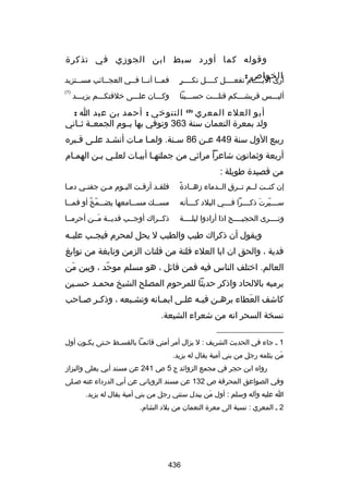 ‫وقوله كما أورد سبط ابن الجوزي في تذكرة‬
‫الخواص :‬

‫ ٍ‬
‫أرى اليللللام تفعللللل كللللل نكللللر‬

‫فمللا أنللا فللي العجللائب مسللتزيد‬
‫ل‬
‫ل‬
‫ل ل ل‬

‫أليلللس قريشلللكم قتللللت حسلللينا‬

‫)1(‬

‫وكلللان عللللى رخلفتكلللم يزيلللد‬

‫أبو العلء المعري )2( التنورخي : أحمد بن عبد ا :‬
‫ولد بمعرة النعمان سنة 363 وتوفي بها يللوم الجمعللة ثللاني‬
‫ربيع الول سنة 944 علن 68 سلنة. ولملا ملات أنشلد عللى قلبره‬
‫ل‬
‫ل‬
‫ل‬
‫ل ل‬
‫ل‬
‫ل‬
‫أربعة وثمانون شاعرا مراثي من جملتهلا أبيلات لعللي بلن الهملام‬
‫ل‬
‫ل ل‬
‫ب ً‬
‫من قصيدة طويلة :‬
‫ب ً‬
‫إن كنللت لللم تللرق الللدماء زهللادة‬
‫هِ‬

‫فلقلد أرقلت اليلوم ملن جفنلي دملا‬
‫ل‬
‫ل‬
‫ل‬
‫ل‬
‫ل‬
‫ل‬

‫سلللليرت ذكللللرا فللللي البلد كللللأنه‬
‫ ّ نَ‬

‫مس للك مس للامعها يض للمخ أو فم للا‬
‫ل‬
‫ل  ّ ُ‬
‫ل‬
‫ل‬

‫ونللللرى الحجيللللج اذا أرادوا ليلللللة‬

‫ذكللراك أوجللب فديللة مللن أحرمللا‬
‫نَ‬

‫ويقول أن ذكراك طيب والطيب ل يحل لمحرم فيج لب علي له‬
‫ل‬
‫ل‬
‫فدية ، والحق ان ابا العلء فلتة من فلتات الزمن ونابغة من نوابغ‬
‫العالم. ارختلف الناس فيه فمن قائل ، هو مسلم موحد ، وبين من‬
‫نَ‬
‫ ّ‬
‫يرميه باللحاد واذكر حديثا للمرحوم المصلح الشيخ محملد حسلين‬
‫ل‬
‫ل‬
‫كاشف العطاء برهلن فيله عللى ايملانه وتشليعه ، وذكلر صلاحب‬
‫ل‬
‫ل‬
‫ل‬
‫ل‬
‫ل‬
‫ل‬
‫ل‬
‫نَ‬
‫نسخة السحر انه من شعراء الشيعة.‬
‫__________________‬
‫1 ل جاء في الحديث الشريف : ل يزال أمر أمتي قائملا بالقسلط حلتى يكلون أول‬
‫ل‬
‫ل‬
‫ل‬
‫ل‬
‫من يثلمه رجل من بني أمية يقال له يزيد.‬
‫نَ‬
‫رواه ابن حجر في مجمع الزوائد ج 5 ص 142 عن مسند أبي يعلى والبزاز‬
‫وفي الصواعق المحرقة ص 231 عن مسند الروياني عن أبي الدرداء عنه صللى‬
‫ا عليه وآله وسلم : أول من يبدل سنتي رجل من بني أمية يقال له يزيد.‬
‫نَ‬
‫2 ل المعري : نسبة الى معرة النعمان من بلد الشام.‬

‫634‬

 