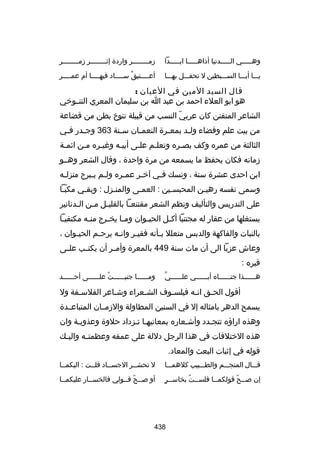 ‫وهلللللي اللللللدنيا أذاهلللللا ابلللللدا‬

‫زمللللللللر واردة إثللللللللر زمللللللللر‬

‫يلللا أبلللا السلللبطين ل تحفلللل بهلللا‬

‫أعللللتيق سللللاد فيهللللا أم عمللللر‬
‫ل‬
‫ل‬
‫ ٌ ل‬
‫ل‬

‫قال السيد المين في العيان :‬
‫هو ابو العلء احمد بن عبد ا بن سليمان المعري التنللورخي‬
‫الشاعر المتفنن كان عربي النسب من قبيلة تنوخ بطن من قضاعة‬
‫ ّ‬
‫من بيت علم وقضاء ول لد بمع لرة النعم لان س لنة 363 وج لدر ف لي‬
‫ل‬
‫ل‬
‫ل‬
‫ل‬
‫ل‬
‫ل‬
‫الثالثة من عمره وكف بصلره وتعللم عللى أبيله وغيلره ملن ائملة‬
‫ل‬
‫ل‬
‫ل‬
‫ل‬
‫ل‬
‫ل‬
‫ل‬
‫زمانه فكان يحفظ ما يسمعه من مرة واحدة ، وقال الشعر وهللو‬
‫ابن احدى عشرة سنة ، ونسك ف لي آرخ لر عم لره ول لم ي لبرح منزل له‬
‫ل‬
‫ل ل‬
‫ل‬
‫ل‬
‫ل‬
‫وسمى نفسه رهيلن المحبسلين : العملى والمنلزل : وبقلي مكبلا‬
‫ ّل‬
‫ل‬
‫ل‬
‫