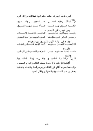 ‫فمن شعر السري ابيات يذكر فيها صناعته رواها ابن‬
‫خلكان :‬

‫وكصصصصانت البصصصصر ة فيمصصصصا مضصصصصى‬

‫صصصصصصصائنة وجهصصصصصصي وأشصصصصصصعاري‬

‫فأصصصصصصبح الصصصصصردزق بهصصصصصا ضصصصصصيقا‬

‫ك صصصصصأنه م صصصصصن ثقبه صصصصصا ج صصصصصاري‬
‫ص‬
‫ص‬
‫ص‬
‫ص‬

‫ومن شعره في النسيب :‬

‫بنفس صصي م صصن أج صصود ل صصه بنفس صصي‬
‫ص‬
‫ص‬
‫ص‬
‫َص‬
‫ص‬

‫وحتفصصصصي كصصصصامن فصصصصي مقلصصصصتيه‬

‫ويبخصصصصصصل بالتحيصصصصصصة والسصصصصصصلم‬
‫كمصصون المصصوت فصصي حصصد الحسصصام‬

‫وجاء في نهاية الرب للنويري من شعره :‬

‫أكصصف القصصوم هصصان علصصى الرقصصاب‬
‫دّ‬

‫اذا العبصصصصصء الثقيصصصصصل تصصصصصودزعته‬
‫دّ‬
‫ص‬
‫ص‬
‫ص‬

‫وقوله :‬

‫أنصصم مصصن النسصصيم علصصى الريصصاض‬
‫دّ‬

‫فانصصصصك كلمصصصصا اسصصصصتودعت سصصصصرا‬

‫وقوله :‬

‫ويلقصصصى سصصصواي لصصصديك الحبصصصورا‬
‫ص‬
‫ص‬
‫ص‬
‫ص‬

‫الصصصى كصصصم احبصصصر فيصصصك المديصصصح‬
‫دّ‬

‫أقول واكثر شعره في مد ح س صيف الدول صة وال صودزير المهل صبي‬
‫ص‬
‫ص‬
‫ص‬
‫ص‬
‫وآل حمدان وفيه أهاج في الخال صديين وغيرهم صا وقصصائد وص صفية‬
‫ص‬
‫ص‬
‫ص‬
‫ص‬
‫يصف بها صيد السمك وشبكته والنار وكلب الصيد.‬

‫54‬

 