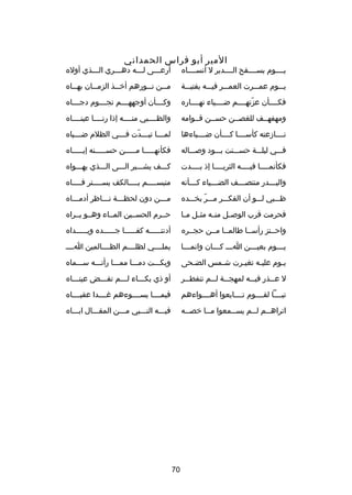 ‫المير أبو فراس الحمداني‬

‫يصصصصوم بسصصصصفح الصصصصدير ل أنسصصصصاه‬

‫أرعصصصى لصصصه دهصصصري الصصصذي أوله‬
‫ص‬
‫ص‬

‫يصصصوم عمصصصرت العمصصصر فيصصصه بفتيصصصة‬

‫م صصن ن صصورهم أخ صصذ الزم صصان به صصاه‬
‫ص‬
‫ص‬
‫ص‬
‫ص‬
‫ص‬

‫فكصصصصأن عزتهصصصصم ضصصصصياء نهصصصصاره‬
‫دّ‬

‫وكصصصصأن أوجههصصصصم نجصصصصوم دجصصصصاه‬

‫ومهفهصصف للغصصصن حسصصن قصصوامه‬

‫والظصصصصبي منصصصصه إذا رنصصصصا عينصصصصاه‬

‫نصصصصادزعته كأسصصصصا كصصصصأن ضصصصصياءها‬

‫لم صصصا تب صصصدت ف صصصي الظلم ض صصصياه‬
‫ص‬
‫ص دّ ص‬
‫ص‬

‫فصصصي ليلصصصة حسصصصنت بصصصود وصصصصاله‬

‫فكأنهصصصصصا مصصصصصن حسصصصصصنه إيصصصصصاه‬

‫فكأنمصصصصا فيصصصصه الثريصصصصا إذ بصصصصدت‬

‫كصصصف يشصصصير الصصصى الصصصذي يهصصصواه‬

‫والب صصصدر منتص صصصف الض صصصياء ك صصصأنه‬
‫ص‬
‫ص‬
‫ص‬
‫ص‬

‫متبسصصصصم بصصصصالكف يسصصصصتر فصصصصاه‬
‫ص‬
‫ص‬
‫ص‬
‫ص‬

‫ظصصصبي لصصصو أن الفكصصصر مصصصر بخصصصده‬
‫دّ‬

‫مصصصن دون لحظصصصة نصصصاظر أدمصصصاه‬

‫فحرمت قرب الوص صل من صه مث صل م صا‬
‫ص ص‬
‫ص‬
‫ص‬

‫حصصرم الحسصصين المصصاء وهصصو يصصراه‬

‫واحصصتز رأسصصا طالمصصا مصصن حجصصره‬

‫أدنت صصصصصه كف صصصصصا ج صصصصصده وي صصصصصداه‬
‫ص‬
‫ص‬
‫ص‬
‫ص‬

‫ي صصصوم بعي صصصن ا صصص ك صصصان وانم صصصا‬
‫ص‬
‫ص ص‬
‫ص‬
‫ص‬

‫يملصصصصي لظلصصصصم الظصصصصالمين اصصصص‬

‫يصوم عليصه تغيصرت شصمس الضصحى‬
‫ص‬
‫ص‬
‫ص‬
‫ص‬
‫ص‬

‫وبكصصصت دمصصصا ممصصصا رأتصصصه سصصصماه‬

‫ل ع صصذر في صصه لمهج صصة ل صصم تنفط صصر‬
‫ص‬
‫ص ص‬
‫ص‬
‫ص‬

‫أو ذي بكصصصاء لصصصم تفصصصض عينصصصاه‬

‫تبصصصصا لقصصصصوم تصصصصابعوا أهصصصصواءهم‬

‫فيمصصصصا يسصصصصوءهم غصصصصدا عقبصصصصاه‬

‫اتراهصصم ل صصم يسصصمعوا م صصا خص صصه‬
‫ص‬
‫ص‬
‫ص‬
‫ص ص‬

‫فيصصصه النصصصبي مصصصن المقصصصال ابصصصاه‬

‫07‬

 