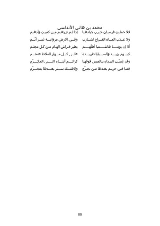 ‫محمد بن هاني الندلسي‬

‫فل حملصصت فرسصصان حصصرب جيادهصصا‬

‫إذا ل صم تزره صم م صن كمي صت وأده صم‬
‫ص‬
‫ص‬
‫ص ص‬
‫ص‬

‫ول ع صصذب الم صصاء الق صصرا ح لش صصارب‬
‫ص‬
‫ص‬
‫ص‬
‫ص‬

‫وفصصصي الرض مروانيصصصة غيصصصر أيصصصم‬
‫دّ‬

‫أل إن يومصصصصصا هاشصصصصصميا أظلهصصصصصم‬
‫دّ‬

‫يطير فصراش الهصام مصن كصل مجثصم‬
‫ص‬
‫ص ص‬
‫ص‬
‫ص‬

‫كيصصصصوم يزيصصصصد والسصصصصبايا طريصصصصد ة‬

‫علصصصى كصصصل مصصصوار الملط عثمثصصصم‬

‫وقد غصصت البيصداء بصالعيس فوقهصا‬
‫ص‬
‫ص‬
‫ص‬
‫دّص‬

‫كرائصصصصم أبنصصصصاء النصصصصبي المكصصصصرم‬
‫دّ‬

‫فمصا فصي حريصم بعصدها مصن تحصرج‬
‫دّ‬
‫ص‬
‫ص‬
‫ص‬
‫ص ص‬

‫ولهتصصصك سصصصتر بعصصصدها بمحصصصرم‬
‫دّ‬

‫88‬

 