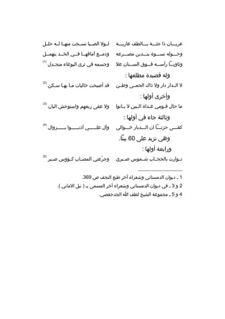 ‫عريمممان ذا جثمممة بمممالطف عاريمممة‬

‫لممول الصممبا نسممجت منهمما لممه حلممل‬

‫وحممموله نسممموة ينمممدبن مصمممرعه‬

‫ودم ممع آماةقه مما فممي الخ ممد ينهم ممل‬
‫م‬
‫م‬
‫م م‬
‫م‬

‫وثاويممما رأسمممه فممموق السمممنان عل‬

‫)1(‬

‫وجسمه في ثرى البوغاء منج مدل‬
‫م‬

‫وله ةقصيدة مطلعها :‬
‫ل الممدار دار ول ذاك الحمممى وطممن‬

‫ةقد أصبحت خاليات مما بهما سمكن‬
‫م م م‬

‫)2(‬

‫وأخرى أولها :‬
‫ما حال ةق مومي غ مداة ال مبين ل ب مانوا‬
‫م‬
‫م‬
‫م‬
‫م‬

‫ول عفى ربعهم واستوحش البان‬

‫)3(‬

‫وثالثة جاء في أولها :‬
‫كفمممى حزنممما ان المممديار خممموالي‬

‫وآل علممممممي آذنمممممموا بممممممزوال‬

‫)4(‬

‫وهي تزيد على 06 بيتا.‬
‫ورابعة أولها :‬
‫تمموارت بالحجمماب شممموس صممبري‬

‫وجرعني المصمماب كممؤوس صممبر‬
‫ ّ‬

‫__________________‬
‫1 م ديوان الدمستاني وشعراء أخر طبع النجف ص 963.‬
‫2 و 3 م في ديوان الدمستاني وشعراء أخر المسمى بم ) نيل الماني (.‬
‫4 و 5 م مجموعة الشيخ لطف ا الجدحفصي.‬

‫)5(‬

 