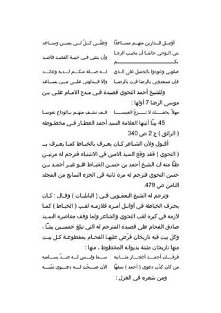 ‫أؤمخخل للخخدارين منهخخم مسخخاعدا‬
‫خ‬
‫خ‬
‫خ‬
‫خ‬
‫بني الخوحي حاش خا أن يخي خب ال رجخا‬
‫خ‬
‫خ‬
‫خ‬
‫خ‬
‫بكخخخخخخخخخخخخخخخخخخخخخخخخخخخخخخخخخخخخخخخخخم‬

‫وظن خخي ك خخل ل خخي يمي خخن وس خخاعد‬
‫خ‬
‫خ‬
‫خ  ٌ خ‬
‫ ّخ‬
‫وأن ينثني ف خي خيب خة القص خد قاص خد‬
‫خ‬
‫خ‬
‫خ‬
‫خ‬

‫صلوني وعودوا بالجميل على الخخذي‬

‫لخخخه صخخخلة منكخخخم لخخخديه وعائخخخد‬

‫فإن تسعدوني بال رضا فزت بال رضخخا‬

‫وإل فخخخدلوني علخخخى مخخخن يسخخخاعد‬

‫وللشيخ أحمد النحوي قصيدة فخي مخدح المخام علخي ب خن‬
‫خ خ‬
‫خ‬
‫خ‬
‫خ‬
‫موسى ال رضا 7 أولها :‬
‫مهال م ً بحقخخخخخك ل تخخخخخزج العيسخخخخخا‬
‫ ّ‬

‫قخخف نشخخف منهخخم بخخالوداع نفوسخخا‬
‫
ِ‬

‫54 بيتا أثبتها العالمة السيد أحمد العط خار ف خي مخط خوطه‬
‫خ‬
‫خ خ‬
‫) ال رائق ( ج 2 ص 043‬
‫أق خول ولن الش خاع ر ك خان يع خ رف بالخي خاط كم خا يع خ رف بخ خ‬
‫خ خ‬
‫خ‬
‫خ‬
‫خ‬
‫خ‬
‫خ‬
‫) النحوي ( فقد وقع السيد المين في الشتبا ه فت رجم له م رتيخخن‬
‫ظنا منه ان الشيخ أحمد بن حس خن الخي خاط هخو غي خ ر أحم خد ب خن‬
‫خ خ‬
‫خ‬
‫خ‬
‫خ‬
‫خ‬
‫حسن النحوي فت رجم له م رة ثانية في الجزء السابع من المجلد‬
‫الثامن ص 974.‬
‫وت رجم له الشيخ اليعق خوبي ف خي ) البابلي خات ( وق خال : ك خان‬
‫خ‬
‫خ‬
‫خ‬
‫خ‬
‫خ‬
‫يحت رف الخياطة في أوائخل أمخ ر ه فالزمخه لقخب ) الخيخاط ( كمخا‬
‫خ‬
‫خ‬
‫خ خ‬
‫خ‬
‫خ‬
‫لزمه في كب ر ه لقب النحوي والشاع ر ولما وقف معاص ر ه الس خيد‬
‫خ‬
‫صادق الفحام على قصيدة المت رجم له التي تبلغ خمسخخين بيت خا ،‬
‫خ‬
‫وكل بيت فيه تاريخان ق رض عليهخا الفحخام بمقطوعخة كخل بيخت‬
‫خ خ خ‬
‫خ‬
‫خ‬
‫ ّ‬
‫منها تاريخان مثبتة بديوانه المخطوط ، منها :‬
‫ف رقخخخخان أحمخخخخد أعجخخخخاز مثخخخخانيه‬

‫سخخخما وليخخخس لخخخه ضخخخد يسخخخاميه‬
‫ ٌ‬

‫من كان كذب دعوى ) أحمد ( سفها‬
‫ ّ‬

‫الن صخخخخحت لخخخخه دعخخخخوى تبنيخخخخه‬
‫ ّ‬
‫ ّ‬

‫ومن شع ر ه في الغزل :‬

 