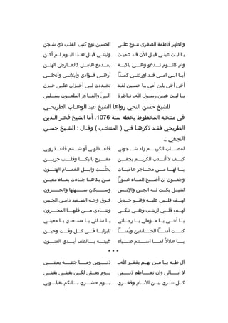 ‫والطهر فاطمة الصغرى تنببوح علببى‬

‫الحسين نوح كئيب القلبب ذي شبجن‬
‫ب‬
‫ب‬

‫ي با لي بت عين بي قب بل الن ق بد عمي بت‬
‫ب‬
‫ب‬
‫ب‬
‫ب‬
‫ب ب‬

‫وليتنببي قبببل هببذا اليببوم لببم أكببن‬

‫وام كلثبببوم تبببدعو وهبببي باكيبببة‬

‫بم ببدمع هام ببل كالع ببارض الهت ببن‬
‫ب‬
‫ب‬
‫ب‬
‫ب‬

‫أيببا ابببن امببي قببد اورثتنببي كمببدا‬

‫أرهببى فببؤادي وأبلنببي وأنحلنببي‬

‫أخي أخي يابن أمي ي با حس بين لق بد‬
‫ب‬
‫ب‬
‫ب‬

‫تجببددت لببي أحببزان علببى حببزن‬

‫يببا ليببت عيببن رسببول ابب نبباظرة‬

‫إلبببي والفببباجر الملعبببون يسبببلبني‬
‫ ّ‬

‫للشيخ حسن النحي رواها الشيخ عبد الوه باب الطريح بي‬
‫ب‬
‫ب‬
‫في منتخبه المخطوط بخطه سنة 6701. أما الشيخ فخ بر ال بدين‬
‫ب ب‬
‫الطريحي فقبد ذكرهبا فبي ) المنتخبب ( وقبال : الشبيخ حسبن‬
‫ب‬
‫ب‬
‫ب‬
‫ب‬
‫ب‬
‫ب‬
‫النجفي ;.‬
‫لمصبببباب الكريببببم زاد شببببجوني‬

‫فاعبببذلوني أو شبببئتم فاعبببذروني‬

‫كي بببف ل أن بببدب الكري بببم بجف بببن‬
‫ب‬
‫ب‬
‫ب‬
‫ب‬

‫مقببببرح بالبكببببا وقلببببب حزيببببن‬

‫يبببا لهبببا مبببن محببباجر هاميبببات‬

‫بخلببببت وابببببل الغمببببام الهتببببون‬
‫ ّ‬

‫وجفبببون إن أصببببح المببباء غبببورا‬

‫مببن بكاهببا جبباءت بمبباء معيببن‬
‫ب‬
‫ب‬
‫ب ب‬
‫ب‬

‫لقتي ببل بك ببت ل ببه الج ببن والن ببس‬
‫ب‬
‫ب‬
‫ب‬
‫ب‬
‫ب‬

‫وس بببببكان س بببببهلها والح بببببزون‬
‫ب‬
‫ب‬
‫ب‬

‫لهبببف قلببببي عليبببه وهبببو جبببديل‬

‫ف بوق وج به الص بعيد دام بي الج ببين‬
‫ب‬
‫ب‬
‫ب‬
‫ب‬
‫ب‬

‫لهببف قلبببي لزينببب وهببي تبكببي‬

‫وتن بببادي م بببن قلبه بببا المحببببزون‬
‫ب‬
‫ب‬
‫ب‬

‫يببا أخببي يببا مببؤملي يببا رجببائي‬
‫ب‬
‫ب‬
‫ب ب‬
‫ب‬
‫ب‬

‫يببا منببائي يببا مسببعدي يببا معينببي‬

‫كنببببت أمنببببا للخببببائفين ويمنببببا‬
‫ ُ ب‬
‫ب‬
‫ب‬
‫ب‬

‫للبرايبببا فبببي كبببل وقبببت وحيبببن‬

‫يببببا هلل و ً لمببببا اسببببتتم ضببببياء‬

‫غيبتببببه بببببالطف أيببببدي المنببببون‬

‫***‬
‫آل طببه يببا مببن بهببم يغفببر ابب‬

‫ذنبببببوبي ومبببببا جنتبببببه يمينبببببي‬

‫ل أببببببالي وإن تعببببباظم ذنببببببي‬

‫ي ببوم بع ببثي لك ببن يقين ببي يقين ببي‬
‫ب‬
‫ب‬
‫ب‬
‫ب‬
‫ب‬

‫كبببل عبببزي بيبببن النبببام وفخبببري‬

‫ي بببوم حش بببري ب بببانكم تقبل بببوني‬
‫ب‬
‫ب‬
‫ب‬
‫ب‬

 