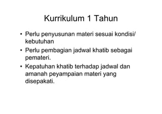 Kurrikulum 1 Tahun
• Perlu penyusunan materi sesuai kondisi/
kebutuhan
• Perlu pembagian jadwal khatib sebagai
pemateri.pemateri.
• Kepatuhan khatib terhadap jadwal dan
amanah peyampaian materi yang
disepakati.
 