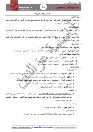 28
facebook.com/ostazosamaezz oorr wwwwww..BBeennzzaakkeerr..ccoomm oorr youtube.com/user/ostazosamaezz
01144083886
‫اللهم‬‫صل‬‫وسلم‬‫حممد‬ ‫على‬
o‫األلفاظ‬ :‫ا‬‫ل‬‫أو‬:
‫ااء‬‫الشاعر‬‫بكلمة‬‫أدمعى‬‫في‬‫هبته‬‫ر‬ ‫مع‬ ‫يتناسب‬ ‫ما‬ ‫وهو‬ ‫قلة‬ ‫امع‬ ‫عشر‬ ‫الثامن‬ ‫البيت‬‫في‬‫اة‬‫ا‬‫لدر‬ ‫ااء‬‫ك‬‫الب‬ ‫ة‬‫ر‬‫كث‬ ‫عن‬ ‫التعبير‬
‫ينضب‬ ‫كاد‬ ‫قليل‬ ‫دموعه‬ ‫من‬ ‫ى‬ ‫ب‬ ‫ما‬ ‫أن‬.
‫النقاد‬ ‫بعض‬ ‫ى‬‫وير‬:
" ‫اى‬‫ت‬‫كلم‬ ‫أن‬‫ا‬‫ا‬‫نض‬‫ار‬" ‫و‬ "‫اق‬‫ا‬‫عقي‬‫ا‬‫ا‬‫ل‬ "‫م‬‫فيه‬ ‫اق‬‫ف‬‫يو‬‫ا‬‫ا‬‫م‬‫ااعر‬‫ا‬‫ش‬‫ال‬ ‫ا‬‫اا‬‫ا‬‫م‬‫ألنه‬‫ب‬ ‫اة‬‫ا‬‫ا‬‫البه‬‫و‬ ‫اة‬‫ا‬‫ي‬‫الرفاه‬ ‫ان‬‫م‬ ‫او‬‫ا‬‫ا‬‫ب‬ ‫اان‬‫ا‬‫ي‬‫توح‬‫اا‬‫ا‬‫م‬‫اع‬‫ا‬‫م‬ ‫اب‬‫ا‬‫س‬‫يتنا‬ ‫ال‬
‫ال‬ ‫الاو‬‫نفسي‬‫ين‬‫ز‬‫الح‬.
‫ا‬‫ا‬‫ط‬‫يخ‬ ‫ام‬‫ا‬‫ل‬ ‫ان‬‫ر‬‫ا‬‫ا‬‫ط‬‫م‬ ‫أن‬ ‫ى‬‫ار‬‫ا‬‫ي‬ ‫ابعض‬‫ا‬‫ل‬‫ا‬ ‫ان‬‫ا‬‫ك‬‫ول‬‫ألن‬‫ان‬‫و‬‫ا‬‫ا‬‫أل‬‫با‬ ‫اق‬‫ا‬‫ي‬ ‫الع‬ ‫اع‬‫ا‬‫م‬ ‫اار‬‫ا‬‫ض‬‫الن‬‫اافة‬‫ا‬‫ض‬‫اود‬‫ا‬‫س‬‫األ‬ ‫ن‬‫او‬‫ا‬‫ل‬‫ال‬ ‫اى‬‫ا‬‫ل‬‫إ‬‫اي‬‫ا‬‫ف‬‫ات‬‫ا‬‫ي‬‫الب‬ ‫اة‬‫ا‬‫ي‬‫نها‬
‫ن‬‫الحز‬‫و‬ ‫تامة‬ ‫بال‬ ً‫ا‬‫ر‬‫شعو‬ ‫أعطى‬.
o‫الخيال‬ :‫ا‬‫ا‬‫ثاني‬:
‫الكلى‬ ‫الخيال‬ ‫استخدم‬ ‫ان‬‫ر‬‫مط‬ ‫أن‬ ‫األبيات‬ ‫تلك‬ ‫خالل‬ ‫من‬ ‫يتضح‬:
‫ا‬‫ز‬‫أج‬ ‫ظهرت‬‫ؤ‬‫ه‬:‫في‬‫الغروب‬ ‫ف‬–‫الشمس‬–‫اء‬‫و‬‫األض‬ ‫مآتم‬–‫الشعاع‬–‫السحاب‬-‫الغمامتين‬–‫السوداء‬ ‫ا‬‫ر‬‫الذ‬.)..
‫كما‬‫ا‬‫تضحت‬‫اف‬‫ر‬‫أط‬‫ة‬‫الصور‬:‫في‬
‫نسمعه‬ ‫الصوت‬‫في‬:‫ف‬‫يسيل‬–‫طرت‬ ‫ت‬–‫ثائي‬‫ر‬).
‫الل‬‫و‬‫ا‬‫ا‬‫اه‬‫ر‬‫ن‬ ‫ن‬‫و‬‫في‬:‫ف‬‫الشمس‬–‫نضار‬–‫يق‬ ‫ع‬–) ‫سوداء‬.
‫نحسها‬ ‫الحركة‬‫و‬‫في‬:‫ف‬‫همامتين‬–ً‫ا‬‫ر‬‫تحد‬–‫طرت‬ ‫ت‬.) ..
o‫الجزئي‬ ‫الخيال‬:
‫الستعارة‬:
‫نضار‬‫ه‬:‫يحية‬‫ر‬‫تص‬‫"أشع‬ ‫المشبه‬ ‫وحذف‬ ‫بالنضار‬ ‫الشفق‬ ‫أشعة‬ ‫شبه‬‫به‬ ‫بالمشبه‬ ‫ح‬‫وصر‬ ‫الشفق‬ ‫ة‬‫نضار‬ "
‫العقيق‬..‫يحية‬‫ر‬‫تص‬..‫بالمشبه‬ ‫ح‬‫وصر‬ ‫المشبه‬ ‫وحذف‬ ‫يق‬ ‫بالع‬ ‫السحاب‬ ‫شبه‬‫به‬.
‫أيت‬‫ر‬‫ف‬‫في‬‫آة‬‫ر‬‫الم‬..‫يحية‬‫ر‬‫تص‬..‫به‬ ‫بالمشبه‬ ‫ح‬‫وصر‬ ‫المشبه‬ ‫وحذف‬ ‫آة‬‫ر‬‫بالم‬ ‫الطبيعة‬ ‫شبه‬.
‫مسائي‬..‫يحية‬‫ر‬‫تص‬..‫بالمسا‬ ‫العمر‬ ‫نهاية‬ ‫شبه‬‫ء‬.! ‫أنت‬ ‫أكمل‬ ..
‫ن‬‫للكو‬ ‫دمعة‬..‫مكنية‬..‫ب‬ ‫ن‬‫الكو‬ ‫شبه‬‫إنسان‬‫يبكى‬.
‫التشبيه‬:
‫خالل‬ ‫مارت‬‫غ‬‫ا‬‫ر‬‫تحد‬ ‫مامتين‬‫وت‬‫قطرت‬‫كالدمعة‬‫ا‬‫ر‬‫الحم‬..‫ابي‬‫ش‬‫ت‬‫تمث‬ ‫ه‬‫اي‬‫ل‬‫ي‬..‫امس‬‫ش‬‫ال‬ ‫اعة‬‫ش‬‫أ‬ ‫ابه‬‫ش‬‫اي‬‫ف‬‫ااقطها‬‫س‬‫ت‬
‫ع‬‫ادمو‬‫ا‬‫ل‬‫با‬ ‫اامتين‬‫ا‬‫م‬‫ه‬ ‫اين‬‫ا‬‫ب‬ ‫ان‬‫ا‬‫م‬‫اي‬‫ا‬‫ت‬‫ال‬‫اامتين‬‫ا‬‫م‬‫ه‬ ، ‫امس‬‫ا‬‫ش‬‫ال‬ ‫اا‬‫ا‬‫م‬‫ه‬ ‫ابهين‬‫ا‬‫ش‬‫م‬ ‫اد‬‫ا‬‫ا‬‫ن‬ ‫اذلك‬‫ا‬‫ب‬‫و‬ ، ‫اين‬‫ا‬‫ع‬‫ال‬ ‫ان‬‫ا‬‫م‬ ‫ازل‬‫ا‬‫ن‬‫ت‬‫و‬‫ابهين‬‫ا‬‫ش‬‫م‬
‫الافن‬‫و‬ ، ‫الدمعة‬ ‫هما‬ ‫بهما‬.
‫الكناية‬:
‫يومي‬ ‫آنست‬..‫كناية‬...‫الشاعر‬ ‫نهاية‬ ‫عن‬
‫المجاز‬‫المرسل‬:
‫يومي‬..‫ا‬ ‫ألن‬ ‫ئية‬‫ز‬‫الا‬ ‫عالقته‬ ‫مرسل‬ ‫مااز‬‫من‬ ‫صود‬ ‫لم‬‫يومي‬" ‫هو‬‫ي‬‫عمر‬".
 