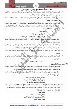 57
facebook.com/ostazosamaezz oorr wwwwww..BBeennzzaakkeerr..ccoomm oorr youtube.com/user/ostazosamaezz
01144083886
‫اللهم‬‫صل‬‫وسلم‬‫حممد‬ ‫على‬
1-‫ا‬ ‫ن‬‫او‬‫ض‬‫يرف‬ ‫ابان‬‫ش‬‫ال‬ ‫اء‬‫ر‬‫اع‬‫ش‬‫ال‬ ‫ان‬‫م‬ ‫اة‬‫ع‬‫مامو‬ ‫ظهور‬‫الرو‬ ‫ااه‬‫ا‬‫الت‬‫م‬‫اع‬‫ق‬‫ا‬‫و‬‫ال‬ ‫ان‬‫ع‬ ‫اة‬‫ل‬‫ز‬‫ع‬ ‫ان‬‫م‬ ‫اه‬‫ي‬‫ف‬ ‫اا‬‫م‬‫ل‬ ‫اى‬‫س‬‫ان‬‫ااه‬‫ن‬‫ر‬‫ذك‬ ‫اا‬‫م‬‫و‬ ،
‫بية‬‫ر‬‫الع‬ ‫صيدة‬ ‫لل‬ ٍ‫اديد‬ ٍ‫إطار‬ ‫عن‬ ‫ن‬‫يبحثو‬ ‫ا‬‫و‬‫أخذ‬‫و‬ ، ‫عيوب‬ ‫من‬.
2-‫هم‬‫نظر‬ ‫واهة‬ ‫من‬ ‫الاديد‬ ‫طار‬ ‫ا‬ ‫هذا‬ ‫تمثل‬‫اي‬‫ف‬‫األ‬ ‫اه‬‫ت‬‫خطو‬‫اى‬‫ل‬‫و‬‫ااد‬‫م‬‫االعت‬‫و‬ ‫اة‬‫ي‬‫اف‬ ‫ال‬‫و‬ ‫ن‬‫اوز‬‫ل‬‫ا‬ ‫ان‬‫م‬ ‫ارر‬‫ح‬‫الت‬ ‫ا‬‫ي‬‫ح‬ ‫ان‬‫م‬
‫افية‬ ‫ال‬ ‫ع‬‫وتنو‬ ‫التفعيلة‬ ‫على‬.
3-‫ال‬ ‫ة‬‫ر‬‫الشاع‬ ‫ظهور‬‫ال‬ ‫اعر‬‫ش‬‫ال‬ ‫اايا‬‫ض‬‫ق‬ ‫ف‬ ‫و‬ ) ‫ااد‬‫م‬‫ور‬ ‫شظايا‬ ‫ف‬ ‫لكتابيها‬ ‫وتأليفها‬ ، ‫المالئكة‬ ‫نازك‬ ‫ة‬‫ر‬‫الشهي‬ ‫اقية‬‫ر‬‫ع‬‫اي‬‫ب‬‫ر‬‫ع‬)
‫األ‬ ‫اادئ‬‫ا‬‫ب‬‫الم‬ ‫اا‬‫ا‬‫م‬‫به‬ ‫اعت‬‫ا‬‫ض‬‫و‬ ‫اد‬‫ا‬‫ق‬‫و‬ ،‫اية‬‫ا‬‫س‬‫سا‬‫اوذئ‬‫ا‬‫م‬‫كن‬ ‫ا‬‫ر‬‫اولي‬‫ا‬‫ك‬‫ال‬ ‫ايدة‬‫ا‬‫ص‬‫ق‬ ‫ات‬‫ا‬‫ف‬‫أل‬ ‫ال‬‫ا‬‫ب‬ ‫اذا‬‫ا‬‫ه‬‫ب‬ ‫اث‬‫ا‬‫ت‬‫تك‬ ‫ام‬‫ا‬‫ل‬‫و‬ ، ‫ادة‬‫ا‬‫ي‬‫الاد‬ ‫اة‬‫ا‬‫س‬‫للمدر‬
‫سنة‬ ‫المدرسة‬ ‫لهذه‬1947‫م‬‫ومنها‬:
‫الليل‬ ‫سكن‬
‫ات‬ّ‫ن‬‫األ‬ ‫صدى‬ ‫ع‬ْ‫ق‬‫و‬ ‫إلى‬ ‫أص‬
‫عم‬ ‫في‬‫ات‬‫و‬‫األم‬ ‫على‬ , ‫مت‬ َّ‫الص‬ ‫تحت‬ , ‫الظلمة‬ ‫ق‬
‫اضحة‬‫و‬ ‫تكن‬ ‫لم‬ ‫المالئكة‬ ‫نازك‬ ‫محاولة‬ ‫ولكن‬‫في‬‫كال‬ ‫كانت‬ ‫بل‬ ، ‫األذهان‬‫الت‬‫و‬‫محا‬‫التي‬‫اة‬‫ل‬‫محاو‬ ‫مثل‬ ‫تها‬ ‫سب‬
‫المهاار‬ ‫اء‬‫ر‬‫شع‬ ‫أحد‬ ‫يضة‬‫ر‬‫ع‬ ‫نسيب‬.
4-‫ال‬‫ث‬‫م‬ ‫تسميات‬ ‫عدة‬ ‫المدرسة‬ ‫على‬ ‫ُطلق‬‫أ‬ ‫د‬ ‫ف‬ ، ‫التسميات‬ ‫تعدد‬ ‫مرحلة‬:‫ال‬‫س‬‫المر‬ ‫اعر‬‫ش‬‫ال‬-‫ار‬‫ح‬‫ال‬ ‫اعر‬‫ش‬‫ال‬-‫ا‬‫ش‬‫ال‬‫عر‬
‫المغصن‬-‫الحدي‬ ‫الشعر‬.‫تسميتها‬ ‫تحددت‬ ‫ثم‬ ..‫في‬) ‫التفعيلة‬ ‫شعر‬ ‫ف‬ ‫و‬ ) ‫الحر‬ ‫الشعر‬ ‫ف‬.
5-‫ال‬ ‫الرحمن‬ ‫وعبد‬ ، ‫الصبور‬ ‫عبد‬ ‫صالح‬ ‫أمثال‬ ‫المدرسة‬ ‫هذه‬ ‫اء‬‫ر‬‫شع‬ ‫من‬ ‫األول‬ ‫الايل‬ ‫ظهور‬‫شرقاوي‬‫ار‬‫ز‬‫ا‬‫ن‬‫و‬‫ااني‬‫ب‬‫ق‬
‫هم‬‫وهير‬.
6-‫ال‬‫ا‬‫ي‬‫الا‬ ‫اور‬‫ا‬‫ه‬‫ظ‬‫ااني‬‫ا‬‫ث‬‫ال‬‫اال‬‫ا‬‫ث‬‫أم‬ ‫األول‬ ‫ال‬‫ا‬‫ي‬‫الا‬ ‫اذة‬‫ا‬‫م‬‫تال‬ ‫ان‬‫ا‬‫م‬ ‫اة‬‫ا‬‫ي‬‫اقع‬‫و‬‫ال‬ ‫اء‬‫ر‬‫اع‬‫ا‬‫ش‬ ‫ان‬‫ا‬‫م‬:‫او‬‫ا‬‫ب‬‫أ‬ ‫اهيم‬‫ر‬‫ا‬‫ا‬‫ب‬‫إ‬ ‫اد‬‫ا‬‫م‬‫مح‬ ‫و‬ ‫اة‬‫ا‬‫ش‬‫شو‬ ‫ا‬‫اارو‬‫ا‬‫ف‬
‫هم‬‫وهير‬ ‫سنة‬.
‫السم‬‫ـ‬‫للواقعية‬ ‫الفنية‬ ‫ات‬
1-‫اختلطت‬‫في‬‫اوية‬‫ض‬‫الع‬ ‫ادة‬‫ح‬‫الو‬‫و‬ ‫اى‬‫ل‬‫الك‬ ‫اال‬‫ي‬‫الخ‬ ‫ا‬‫ي‬‫ح‬ ‫ان‬‫م‬ ‫اد‬‫ي‬‫الاد‬ ‫اعر‬‫ش‬‫ال‬ ‫امات‬‫س‬‫ب‬ ‫اية‬‫س‬‫الرومان‬ ‫امات‬‫س‬ ‫األمر‬ ‫بداية‬
‫يصو‬ ‫حولهم‬ ‫العامة‬ ‫الحياة‬ ‫إلى‬ ‫ا‬‫و‬‫اتاه‬ ً‫ا‬‫فشيئ‬ ً‫ا‬‫شيئ‬ ‫لكنهم‬ ، ‫العاطفة‬ ‫ة‬‫ر‬‫ا‬‫ر‬‫وح‬.‫الناس‬ ‫هموم‬ ‫ن‬‫رو‬
‫محمد‬ ‫قول‬ ‫مثل‬‫ا‬‫أ‬ ‫اهيم‬‫ر‬‫ب‬‫بي‬‫سنة‬‫في‬‫ا‬ ‫ة‬‫ر‬‫ا‬‫ي‬‫ح‬ ً‫ا‬‫ر‬‫او‬‫ص‬‫م‬ )‫األشاار‬ ‫فأسئلة‬ ‫قصيدته‬‫اان‬‫س‬‫ن‬‫اب‬‫س‬‫للك‬ ‫اع‬‫ل‬‫التط‬ ‫اين‬‫ب‬
‫ال‬‫مادي‬‫يم‬ ‫بال‬ ‫التمسك‬ ‫وبين‬
‫اإلنسان‬ ‫إلى‬ ‫تصل‬ ‫حتى‬ ‫نفسك‬ ‫في‬ ‫تجول‬
‫وطنك‬ ‫إلى‬ ‫تصل‬ ‫أن‬ ‫إلى‬ ‫اإلنسان‬ ‫في‬ ‫وتجول‬
‫هللا‬ ‫إلى‬ ‫تصل‬ ‫حتى‬ ‫وطنك‬ ‫في‬ ‫وتجول‬
2-‫ا‬ ‫عندهم‬ ‫الشعر‬‫ادم‬ ‫وت‬ ‫اث‬‫ي‬‫ز‬‫و‬ ‫ادا‬‫ص‬ ‫ان‬‫م‬ ‫فيه‬ ‫ما‬ ‫بكل‬ ‫اقع‬‫و‬‫ال‬ ‫ن‬ ‫يعبر‬ ‫أن‬ ‫ياب‬ ‫ولذلك‬ ‫به‬ ‫حساس‬‫ا‬‫و‬ ‫اقع‬‫و‬‫بال‬ ‫لتصاا‬
‫شاع‬ ‫كما‬ ، ‫الحياة‬ ‫متناقضات‬ ‫من‬ ‫ذلك‬ ‫وهير‬ ‫ويأس‬ ‫ح‬‫وفر‬ ‫وتخلث‬‫في‬‫الموت‬‫و‬ ‫النهاية‬ ‫عن‬ ‫الحدي‬ ‫هم‬‫شعر‬.
:‫الصبور‬ ‫عبد‬ ‫صالح‬ ‫ول‬ ‫ي‬‫الوغد‬ ‫الزمن‬ ‫جاء‬
‫الغمد‬ ‫صدئ‬
‫تخدد‬ ‫ثم‬ ‫المقبض‬ ‫جلد‬ ‫وتشقق‬
‫ب‬ ‫جوهرتى‬ ‫سقطت‬‫األبيض‬ ‫الجندى‬ ‫حذاء‬ ‫ين‬
‫األسود‬ ‫الجندى‬ ‫وحذاء‬
 