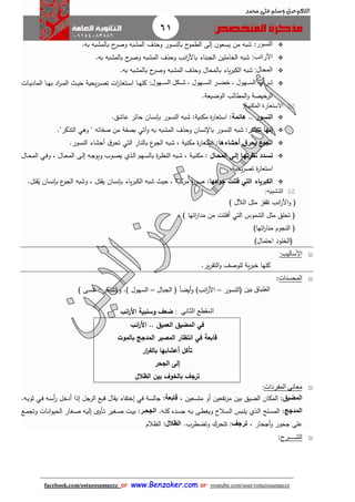 61
facebook.com/ostazosamaezz oorr wwwwww..BBeennzzaakkeerr..ccoomm oorr youtube.com/user/ostazosamaezz
01144083886
‫اللهم‬‫صل‬‫وسلم‬‫حممد‬ ‫على‬
‫النسور‬:.‫به‬ ‫بالمشبه‬ ‫ح‬‫وصر‬ ‫المشبه‬ ‫وحذف‬ ‫بالنسور‬ ‫ح‬‫الطمو‬ ‫إلى‬ ‫ن‬‫يسعو‬ ‫من‬ ‫شبه‬
‫األرانب‬:‫به‬ ‫بالمشبه‬ ‫ح‬‫وصر‬ ‫المشبه‬ ‫وحذف‬ ‫انب‬‫ر‬‫باأل‬ ‫الابناء‬ ‫الخاملين‬ ‫شبه‬.
‫المحال‬:‫و‬ ‫بالمحال‬ ‫ياء‬‫ر‬‫الكب‬ ‫شبه‬‫به‬ ‫بالمشبه‬ ‫ح‬‫وصر‬ ‫المشبه‬ ‫حذف‬.
‫تببراب‬‫السببهول‬-‫خضببر‬‫السببهول‬-‫شببكل‬‫السببهول‬:‫اات‬‫ا‬‫ي‬‫الماد‬ ‫اا‬‫ا‬‫ه‬‫ب‬ ‫اد‬‫ر‬‫ا‬‫ا‬‫م‬‫ال‬ ‫ا‬‫ا‬‫ي‬‫ح‬ ‫يحية‬‫ر‬‫ا‬‫ا‬‫ص‬‫ت‬ ‫ات‬‫ر‬‫اتعا‬‫ا‬‫س‬‫ا‬ ‫اا‬‫ا‬‫ه‬‫كل‬
‫الوضيعة‬ ‫المطالب‬‫و‬ ‫الرخيصة‬.
‫المكنية‬ ‫الستعارة‬:
‫النسور‬.‫هائمة‬ .:‫مكنية‬ ‫ة‬‫ر‬‫استعا‬:‫ب‬ ‫النسور‬ ‫شبه‬‫إنسان‬‫عاشق‬ ‫حائر‬.
‫تتذكر‬ ‫إنها‬:‫با‬ ‫النسور‬ ‫شبه‬‫نسان‬‫وحذف‬‫و‬ ‫به‬ ‫المشبه‬‫آتي‬‫و‬ " ‫صفاته‬ ‫من‬ ‫بصفة‬‫هي‬"‫التذكر‬.
‫أحشاءها‬ ‫ق‬‫يحر‬ ‫ع‬‫الجو‬:‫بالنار‬ ‫ع‬‫الاو‬ ‫شبه‬ ، ‫مكنية‬ ‫ة‬‫ر‬‫استعا‬‫التي‬‫النسور‬ ‫أحشاء‬ ‫ا‬‫تحر‬.
‫المحاال‬ ‫إلاى‬ ‫نظرتهاا‬ ‫تسادد‬:‫اهم‬‫س‬‫بال‬ ‫ة‬‫ر‬‫ا‬‫ظ‬‫الن‬ ‫ابه‬‫ش‬ ، ‫اة‬‫ي‬‫مكن‬‫اذي‬‫ل‬‫ا‬‫و‬ ، ‫اال‬‫ح‬‫الم‬ ‫اى‬‫ل‬‫إ‬ ‫اه‬‫ا‬‫ويو‬ ‫اوب‬‫ص‬‫ي‬‫اي‬‫ف‬‫اال‬‫ا‬‫ح‬‫الم‬
‫يحية‬‫ر‬‫تص‬ ‫ة‬‫ر‬‫استعا‬.
‫الكبرياء‬‫التي‬‫جوعها‬ ‫قتلت‬:‫ب‬ ‫ياء‬‫ر‬‫الكب‬ ‫شبه‬ ‫حي‬ ، ‫مركبة‬ ‫ة‬‫ر‬‫صو‬‫إنسان‬‫ب‬ ‫ع‬‫الاو‬ ‫وشبه‬ ، ‫تل‬ ‫ي‬‫إنسان‬‫تل‬ ُ‫ي‬.
‫التشبيه‬:
‫ف‬‫الآلل‬ ‫مثل‬ ‫فز‬ ‫ت‬ ‫انب‬‫ر‬‫األ‬‫و‬)
‫ف‬‫الشموس‬ ‫مثل‬ ‫تحلق‬‫التي‬‫اتها‬‫ر‬‫مدا‬ ‫من‬ ‫أفلتت‬).
‫ف‬‫اتها‬‫ر‬‫منا‬ ‫الناوم‬)
‫ف‬‫ا‬‫لخلود‬‫احتمال‬)
o‫األساليب‬:
‫ير‬‫ر‬ ‫الت‬‫و‬ ‫للوصث‬ ‫ية‬‫ر‬‫خب‬ ‫كلها‬.
o‫المحسنات‬:
‫ال‬‫بين‬ ‫طباق‬‫فالنسور‬–‫و‬ )‫انب‬‫ر‬‫األ‬ً‫ا‬‫أيض‬‫الابال‬ ‫ف‬–) ‫السهول‬.‫وفتتذكر‬-) ‫تنسى‬
‫المقطع‬‫الثاني‬:‫ان‬‫ر‬‫األ‬ ‫وسلبية‬ ‫ضعف‬
‫العميق‬ ‫المضيق‬ ‫في‬‫ان‬‫ر‬‫األ‬ ..
‫بالموت‬ ‫المدجج‬ ‫المصير‬ ‫انتظار‬ ‫في‬ ‫قابعة‬
‫ار‬‫ر‬‫بالف‬ ‫أعشابها‬ ‫تأكل‬
‫الجحر‬ ‫إلى‬
‫الظالل‬ ‫بين‬ ‫بالخوف‬ ‫ترجف‬
o‫معاني‬‫المفردات‬:
‫المضيق‬‫ال‬ :، ‫متسعين‬ ‫أو‬ ‫تفعين‬‫ر‬‫م‬ ‫بين‬ ‫الضيق‬ ‫مكان‬‫قابعة‬.‫اه‬‫ب‬‫ثو‬ ‫اي‬‫ف‬ ‫اه‬‫س‬‫أ‬‫ر‬ ‫أدخل‬ ‫إذا‬ ‫الرال‬ ‫قبع‬ ‫ال‬ ‫ي‬ ‫إختفاء‬ ‫في‬ ‫االسة‬ :
‫المدجج‬‫اه‬‫ل‬‫ك‬ ‫اده‬‫س‬‫ا‬ ‫اه‬‫ب‬ ‫اى‬‫ط‬‫ويغ‬ ‫االح‬‫س‬‫ال‬ ‫ابس‬‫ل‬‫ي‬ ‫اذي‬‫ل‬‫ا‬ ‫الح‬‫س‬‫الم‬ :.‫الجحـر‬‫اع‬‫م‬‫وتا‬ ‫اات‬‫ن‬‫ا‬‫و‬‫الحي‬ ‫اغار‬‫ص‬ ‫اه‬‫ي‬‫إل‬ ‫اأوى‬‫ت‬ ‫اغير‬‫ص‬ ‫ات‬‫ي‬‫ب‬ :
، ‫أاحار‬‫و‬ ‫احور‬ ‫على‬‫ترجف‬.‫وتضطرب‬ ‫تتحرك‬ :‫الظالل‬‫الظالم‬ :
o‫الش‬‫ــ‬‫ــ‬‫ر‬:
 