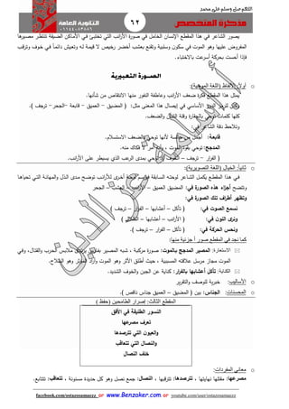 62
facebook.com/ostazosamaezz oorr wwwwww..BBeennzzaakkeerr..ccoomm oorr youtube.com/user/ostazosamaezz
01144083886
‫اللهم‬‫صل‬‫وسلم‬‫حممد‬ ‫على‬
‫ها‬‫اير‬‫ص‬‫م‬ ‫ار‬‫ظ‬‫تنت‬ ‫ة‬ ‫اي‬‫ض‬‫ال‬ ‫ااكن‬‫م‬‫األ‬ ‫اي‬‫ف‬ ‫ا‬‫ب‬‫تخت‬ ‫التي‬ ‫انب‬‫ر‬‫األ‬ ‫ة‬‫ر‬‫صو‬ ‫في‬ ‫الخامل‬ ‫نسان‬ ‫ا‬ ‫طع‬ ‫الم‬ ‫هذا‬ ‫في‬ ‫الشاعر‬ ‫يصور‬
‫اب‬‫ق‬‫وتر‬ ‫اوف‬‫خ‬ ‫اي‬‫ف‬ ً‫ا‬‫ا‬‫م‬‫دائ‬ ‫ايش‬‫ع‬‫وت‬ ‫اه‬‫ل‬ ‫اة‬‫م‬‫قي‬ ‫ال‬ ‫رخيص‬ ‫أخضر‬ ‫بعشب‬ ‫نع‬ ‫وت‬ ‫وسلبية‬ ‫ن‬‫سكو‬ ‫في‬ ‫الموت‬ ‫وهو‬ ‫عليها‬ ‫المفروض‬
.‫باالختباء‬ ‫عت‬‫أسر‬ ‫بحركة‬ ‫أحست‬ ‫فإذا‬
o‫ا‬‫ل‬‫أو‬‫األلفاظ‬ :)‫الموحية‬ ‫(اللغة‬:
‫شأنها‬ ‫من‬ ‫اص‬ ‫االنت‬ ‫منها‬ ‫النفور‬ ‫وعاطفة‬ ‫انب‬‫ر‬‫األ‬ ‫ضعث‬ ‫ة‬‫ر‬‫فك‬ ‫طع‬ ‫الم‬ ‫هذا‬ ‫يمثل‬.
‫الدور‬ ‫للرمز‬ ‫وكان‬‫األساسي‬‫في‬‫ال‬ ‫هذا‬ ‫إيصال‬‫م‬‫مثل‬ ‫عنى‬:‫المضيق‬ ‫ف‬-‫العميق‬-‫قابعة‬-‫الاحر‬-‫تراث‬).
‫كلمات‬ ‫كلها‬‫توحي‬‫الضعث‬‫و‬ ‫الشأن‬ ‫وقلة‬ ‫ة‬‫ر‬‫ا‬ ‫بالح‬.
‫الشاعر‬ ‫دقة‬ ‫وتالحظ‬‫ف‬:‫ي‬
‫قابع‬‫ا‬‫ة‬:‫ألنها‬ ‫االسة‬ ‫من‬ ‫أامل‬‫توحي‬‫االستسالم‬ ‫بالضعث‬.
‫المدجج‬:‫توحي‬‫منه‬ ‫فكاك‬ ‫ال‬ ‫أمر‬ ‫أنه‬‫و‬ ، ‫الموت‬ ‫وة‬ ‫ب‬.
‫ار‬‫ر‬‫الف‬ ‫ف‬-‫تراث‬–) ‫الخوف‬:‫توحي‬‫عب‬‫الر‬ ‫بمدى‬‫الذي‬‫انب‬‫ر‬‫األ‬ ‫على‬ ‫يسيطر‬.
o‫الخيال‬ :‫ا‬‫ا‬‫ثاني‬)‫التصويرية‬ ‫(اللغة‬:
‫اي‬‫ا‬‫ف‬‫أ‬ ‫اة‬‫ا‬‫ح‬‫لو‬ ‫ام‬‫ا‬‫س‬‫فير‬ ‫ة‬ ‫ااب‬‫ا‬‫س‬‫ال‬ ‫اه‬‫ا‬‫ت‬‫لوح‬ ‫ااعر‬‫ا‬‫ش‬‫ال‬ ‫ال‬‫ا‬‫م‬‫يك‬ ‫اع‬‫ا‬‫ط‬ ‫الم‬ ‫اذا‬‫ا‬‫ه‬‫اة‬‫ا‬‫ن‬‫المها‬‫و‬ ‫اذل‬‫ا‬‫ل‬‫ا‬ ‫ادى‬‫ا‬‫م‬ ‫اح‬‫ا‬‫ض‬‫تو‬ ‫اب‬‫ا‬‫ن‬‫ا‬‫ر‬‫لأل‬ ‫ى‬‫ار‬‫ا‬‫خ‬‫اي‬‫ا‬‫ت‬‫ال‬‫اا‬‫ا‬‫ه‬‫تحيا‬
‫وتتضح‬‫اء‬‫ز‬‫أج‬‫ة‬‫الصور‬ ‫هذه‬:‫في‬‫العميق‬ ‫المضيق‬–‫انب‬‫ر‬‫األ‬–‫العشب‬–‫الاحر‬
‫وتظهر‬‫اف‬‫ر‬‫أط‬‫ة‬‫الصور‬ ‫تلك‬:‫في‬
‫الصوت‬ ‫نسمع‬:‫في‬‫تأكل‬ ‫ف‬–‫أعشابها‬–‫ار‬‫ر‬‫الف‬–) ‫تراث‬
‫ن‬‫اللو‬ ‫ى‬‫ونر‬:‫في‬‫انب‬‫ر‬‫األ‬ ‫ف‬–‫أعشابها‬–) ‫الظالل‬
‫الحركة‬ ‫ونحس‬:‫في‬‫تأكل‬ ‫ف‬–‫ار‬‫ر‬‫الف‬–) ‫تراث‬.
‫نجد‬ ‫كما‬‫في‬‫المقطع‬‫جزئية‬ ‫ا‬‫ا‬ ‫صور‬‫منها‬:
‫الستعارة‬:‫باالموت‬ ‫المدجج‬ ‫المصير‬:‫و‬ ،‫اال‬‫ت‬ ‫ال‬‫و‬ ‫ارب‬‫ح‬‫ال‬ ‫اس‬‫ب‬‫مال‬ ‫ادى‬‫ت‬‫ر‬‫ي‬ ‫اارس‬‫ف‬‫ب‬ ‫اير‬‫ص‬‫الم‬ ‫ابه‬‫ش‬ ، ‫اة‬‫ب‬‫مرك‬ ‫ة‬‫ر‬‫او‬‫ص‬‫اي‬‫ف‬
‫السالح‬ ‫وهو‬ ‫المؤثر‬ ‫اد‬‫ر‬‫أ‬‫و‬ ‫الموت‬ ‫وهو‬ ‫األثر‬ ‫أطلق‬ ‫حي‬ ، ‫المسببية‬ ‫عالقته‬ ‫مرسل‬ ‫مااز‬ ‫الموت‬.
‫الكناية‬:‫تأكل‬‫ار‬‫ر‬‫بالف‬ ‫أعشابها‬:‫الشديد‬ ‫الخوف‬‫و‬ ‫الابن‬ ‫عن‬ ‫كناية‬.
o‫األساليب‬:‫ير‬‫ر‬ ‫الت‬‫و‬ ‫للوصث‬ ‫ية‬‫ر‬‫خب‬
o‫المحسنات‬:‫الجناس‬:‫المضيق‬ ‫ف‬ ‫بين‬–) ‫ناقص‬ ‫اناس‬ ‫العميق‬.
‫الثالث‬ ‫المقطع‬:‫الطامحين‬ ‫إصرار‬) ‫(حفظ‬
‫األفق‬ ‫في‬ ‫الطليقة‬ ‫النسور‬
‫عها‬‫مصر‬ ‫تعرف‬
‫تترصدها‬ ‫التي‬ ‫ن‬‫العيو‬‫و‬
‫تتعاق‬ ‫التي‬ ‫النصال‬‫و‬
‫النصال‬ ‫خلف‬
o‫معاني‬‫المفردات‬:
‫مصرعها‬، ‫نهايتها‬ ‫تلها‬ ‫م‬ :‫تترصدها‬، ‫تترقبها‬ :‫النصال‬‫وهو‬ ‫نصل‬ ‫امع‬ :، ‫مسنونة‬ ‫حديدة‬ ‫كل‬‫تتعاقب‬‫تتتابع‬ :.
 