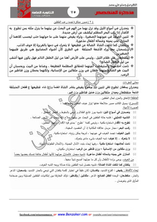 75
facebook.com/ostazosamaezz oorr wwwwww..BBeennzzaakkeerr..ccoomm oorr youtube.com/user/ostazosamaezz
01144083886
‫اللهم‬‫صل‬‫وسلم‬‫حممد‬ ‫على‬
(2)‫الطفلين‬ ‫رعب‬ ‫تجسد‬ ‫مبتكرة‬ ‫صور‬
‫ينحدران‬‫في‬‫الهم‬ ‫من‬ ‫بهما‬ ‫نزل‬ ‫وقد‬ ‫الليل‬ ‫أمواج‬‫في‬‫عن‬ ‫البحث‬‫تطوح‬ ‫بمن‬ ‫مثله‬ ‫ينزل‬ ‫ما‬ ‫بيتهما‬‫به‬
.‫جديدة‬ ‫أرض‬ ‫عن‬ ‫ليكشف‬ ‫المظلم‬ ‫البحر‬ ‫ركب‬ ‫إذا‬ ‫الأقدار‬
‫أن‬ ‫كلاهما‬ ‫ليحسب‬ ‫حتى‬ ‫حولهما‬ ‫ما‬ ‫على‬ ‫منهما‬ ‫يفيض‬ ‫وتراه‬ ، ‫الصغيرة‬ ‫عيونهما‬ ‫في‬ ‫الخوف‬ ‫تتبين‬
‫مذعورة‬ ‫أطفال‬ ‫وشماله‬ ‫يمينه‬ ‫على‬ ‫المنازل‬.
‫يت‬ ‫لا‬ ‫قطيعها‬ ‫عن‬ ‫الضالة‬ ‫الشاة‬ ‫تتلفت‬ ‫كما‬ ‫ويتلفتان‬.‫الذئب‬ ‫خوف‬ ‫إلا‬ ‫بالغريزة‬ ‫دمها‬ ‫في‬ ‫حرك‬
‫المنبثقة‬ ‫الأشعة‬ ‫وراء‬ ‫معا‬ ‫ويتسحبان‬‫في‬‫المصابيح‬ ‫أضواء‬ ‫كأن‬ ‫الطرق‬‫هي‬‫قلبيهما‬ ‫طريق‬
‫الصغيرين‬.
‫منقطعان‬‫في‬‫أشقى‬ ‫فيها‬ ‫يكون‬ ‫فهل‬ ‫النائم‬ ‫الطفل‬ ‫ليل‬ ‫من‬ ‫أهنا‬ ‫الأرض‬ ‫على‬ ‫وليـس‬ ، ‫الليل‬ ‫ظلام‬
‫الضائع؟‬ ‫الطفل‬ ‫ليل‬ ‫من‬
‫أحلامهما‬ ‫نامت‬‫واستيقظت‬‫أن‬ ‫ويحسبان‬ ‫البيت‬ ‫من‬ ‫وضاعا‬ ، ‫الفظيعة‬ ‫المظلمة‬ ‫للحقائق‬ ‫أعينهما‬
‫طفلان‬ ‫منهما‬ ‫الضائع‬ ‫هو‬ ‫البيت‬‫في‬‫مثقالين‬ ‫وزن‬‫قناطير‬ ‫وزن‬ ‫يحملان‬ ‫ولكنهما‬ ،‫الإنسانية‬ ‫من‬‫من‬
.‫الرعب‬
‫المفردات‬ ‫معانى‬
‫ينحدران‬‫يسقطان‬‫تطوح‬‫تلقى‬‫تتبين‬‫بوضوح‬ ‫ى‬‫تر‬‫يفيض‬‫ينتشر‬‫الشاة‬‫شاء‬ )‫و(ج‬ ‫الغنمة‬‫قطيعها‬‫قطعا‬ ‫ج‬‫ن‬‫المنبثقة‬
‫النابعة‬‫منقطعان‬‫وحيدان‬‫مثقالين‬‫ضئيل‬ ‫ن‬‫وز‬‫قناطير‬‫كبير‬ ‫ن‬‫وز‬.
‫العاطفة‬‫الطفلين‬ ‫لحال‬ ‫ن‬‫الحز‬‫و‬ ‫شفاا‬ ‫ا‬.
‫الش‬‫ــــ‬‫ر‬:: ‫وضياعهما‬ ‫الطفلين‬ ‫خوف‬ ‫از‬‫ر‬‫إب‬ ‫هدفها‬ ‫ة‬ ‫متالح‬ ‫صور‬ ‫الكاتب‬ ‫ا‬‫يسو‬
:‫األدبية‬ ‫الصورة‬
‫ينح‬‫ااااا‬‫ان‬‫ر‬‫د‬‫في‬‫أم‬‫ااا‬:‫الليل‬ ‫اج‬‫و‬‫و‬ ‫الظالم‬ ‫تتابع‬ ‫يبرز‬ ‫تشبيه‬‫توحي‬‫ب‬. ‫المحدا‬ ‫الخطر‬ ‫و‬ ‫وط‬ ‫الس‬
‫التشبيه‬‫التمثيلي‬:‫فشبه‬‫حالة‬‫الطفلين‬‫بيتهما‬ ‫عن‬ ‫البح‬ ‫فى‬‫تائه‬ ‫بمالح‬‫األ‬ ‫عن‬ ‫يبح‬‫رض‬‫ال‬‫ضائعة‬.
‫األقدار‬ ‫به‬ ‫تطوح‬:.‫الطفلين‬ ‫وعاز‬ ،‫األقدار‬ ‫قوة‬ ‫بمدى‬ " ‫ح‬‫تطو‬ " ‫كلمة‬ ‫وتوحى‬ ، ‫مكنية‬ ‫ة‬‫ر‬‫استعا‬
‫رك‬‫ااا‬‫البحر‬:‫ال‬ ‫صود‬ ‫الم‬ ‫أن‬ ‫إذ‬ ‫المكانية‬ ‫عالقته‬ ‫مرسل‬ ‫مااز‬.‫سفينة‬
‫الخوف‬ ‫تتبين‬:.‫مكنية‬ ‫ة‬‫ر‬‫استعا‬ .‫رؤيته‬ ‫يمكن‬ ‫لدراة‬ ، ‫عيونهما‬ ‫في‬ ‫الخوف‬ ‫تاسد‬
:‫خوف‬ ‫إال‬ .. ‫يتحرك‬ ‫ال‬‫يتحرك‬ ‫مادى‬ ‫بشىء‬ ‫الخوف‬ ‫شبه‬.
, ‫مكنية‬ ‫ة‬‫استعار‬ :‫أحالمهما‬ ‫نامت‬‫الطفولية‬ ‫األحالم‬‫و‬ .‫الاميلة‬ ‫اآلمال‬ ‫بتبدد‬ ‫إيحاء‬ ‫وفيها‬.‫يئة‬‫ر‬‫الب‬
‫اإلنسانية‬ ‫من‬ ‫مثقالين‬ ‫ن‬‫وز‬–‫م‬ ‫قناطير‬ ‫ن‬‫وز‬: ‫ع‬‫الر‬ ‫ن‬.‫مكنيتان‬ ‫تان‬‫ر‬‫استعا‬
‫ة‬‫ماذعور‬ ‫أطفاال‬ ‫وشاماله‬ ‫يمينه‬ ‫على‬ ‫المنازل‬:ً‫ا‬‫ا‬‫ض‬‫بع‬ ‫اها‬‫ض‬‫بع‬ ‫اك‬‫س‬‫تم‬ ‫اة‬‫ف‬‫خائ‬ ‫اال‬‫ف‬‫أط‬ ‫اا‬‫ه‬‫كأن‬ ‫اا‬‫م‬‫حوله‬ ‫اازل‬‫ن‬‫فالم‬ ‫ال‬‫م‬‫ما‬ ‫ابيه‬‫ش‬‫ت‬
‫الخوف‬ ‫من‬.‫يوحى‬‫األطفال‬ ‫اءة‬‫ر‬‫ب‬‫م‬ ‫كل‬ ‫أن‬‫و‬‫حولهما‬ ‫ا‬‫أصبح‬‫ش‬ً‫ا‬‫يئ‬‫مخي‬.ً‫ا‬‫ف‬
‫الضالة‬ ‫الشاة‬ ‫تتلفت‬ ‫كما‬ ‫يتلفتان‬‫ض‬ ‫بشاة‬ ‫الطفلين‬ ‫شبه‬ ‫مفصل‬ ‫تشبيه‬ :‫الخوف‬ ‫الشبه‬ ‫وواه‬ ‫الة‬.
: ‫األلفباظ‬ ‫إيحاء‬‫يفايض‬:.‫اديد‬‫ش‬‫ال‬ ‫ع‬‫از‬‫ف‬‫ال‬‫يتلف‬‫ااااا‬‫تان‬:ً‫ا‬‫ا‬ ‫دقي‬ ‫اان‬‫ك‬‫اي‬‫ف‬‫اان‬‫ت‬‫يتلف‬ ‫اة‬‫م‬‫كل‬ ‫اار‬‫ي‬‫اخت‬‫اي‬‫ت‬‫ال‬‫اوحي‬‫ت‬.‫اديد‬‫ش‬‫ال‬ ‫اذر‬‫ح‬‫بال‬‫يتساحبان‬:‫اذعر‬‫ل‬‫ا‬
.‫الحذر‬‫و‬‫منقط‬‫ااا‬‫عان‬:‫الوحدة‬‫الضائع‬ ‫الطفل‬:‫الذعر‬.‫مثقاالين‬/‫وقنااطير‬:‫اد‬‫ك‬‫تؤ‬‫ائيلة‬‫ض‬‫ال‬ ‫اين‬‫ل‬‫الطف‬ ‫اات‬‫ي‬‫إمكان‬ ‫اين‬‫ب‬ ‫اة‬‫ق‬‫ر‬‫المفا‬‫اخامة‬‫ض‬ ‫اين‬‫ب‬‫و‬
‫يتعرضان‬ ‫الذى‬ ‫ا‬‫المأز‬.
 