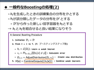 ⼀一
 　 ⽣生                                                 　
 　                                          　
   　                                             　
   　  　
A General Boosting Procedure

 1. Initialize
 2. From t = 1 to T. (T:                             )

      -          : Learn a weak learner
      -                         : Calculate error
      -                                :    Create new distribution
 3.                                   : Combine weak learners
 