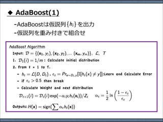  　 　         ⼒力力


AdaBoost Algorithm
 Input:
 1.                 : Calculate initial distribution
 2. From t = 1 to T.
      -                ,                               :Learn and Calculate Error
      - if         then break
      - Calculate Weight and next distribution


 Outputs:
 
