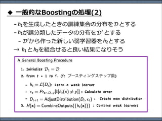 ⼀一
 　 ⽣生                                                 　
 　                                          　
   　                                             　
   　  　
A General Boosting Procedure

 1. Initialize
 2. From t = 1 to T. (T:                             )

      -          : Learn a weak learner
      -                         : Calculate error
      -                                :    Create new distribution
 3.                                   : Combine weak learners
 