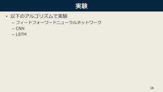 実験
• 以下のアルゴリズムで実験
– フィードフォーワードニューラルネットワーク
– CNN
– LSTM
18
 