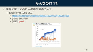 みんなの口コミ
• 実際に使ってみた人の声を集めてみた
– tweet@hrs1985 さん
• https://twitter.com/hrs1985/status/1103996044369584129
• [内容]: 強化学習?
• [結果]: good
25
 