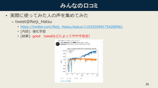 みんなの口コミ
• 実際に使ってみた人の声を集めてみた
– tweet@Reiji_Hatsu
• https://twitter.com/Reiji_Hatsu/status/1102920991754280961
• [内容]: 強化学習
• [結果]: good （seedなどによってやや不安定）
26
 