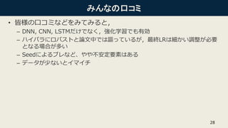 みんなの口コミ
• 皆様の口コミなどをみてみると，
– DNN, CNN, LSTMだけでなく，強化学習でも有効
– ハイパラにロバストと論文中では謳っているが，最終LRは細かい調整が必要
となる場合が多い
– Seedによるブレなど、やや不安定要素はある
– データが少ないとイマイチ
28
 