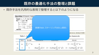 既存の最適化手法の整理と課題
• 既存手法を汎用的な表現で整理すると以下のようになる
7
AMSGrad [Reddi et al., 2018]より引用
普通のSGD .スケーリングはなし(固定)
 