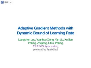 IDS Lab
Adaptive Gradient Methods with
Dynamic Bound of Learning Rate
Liangchen Luo, Yuanhao Xiong, Yan Liu, Xu San

Peking, Zhejiang, USC, Peking

ICLR2019(open review)
presentedby Jamie Seol
 