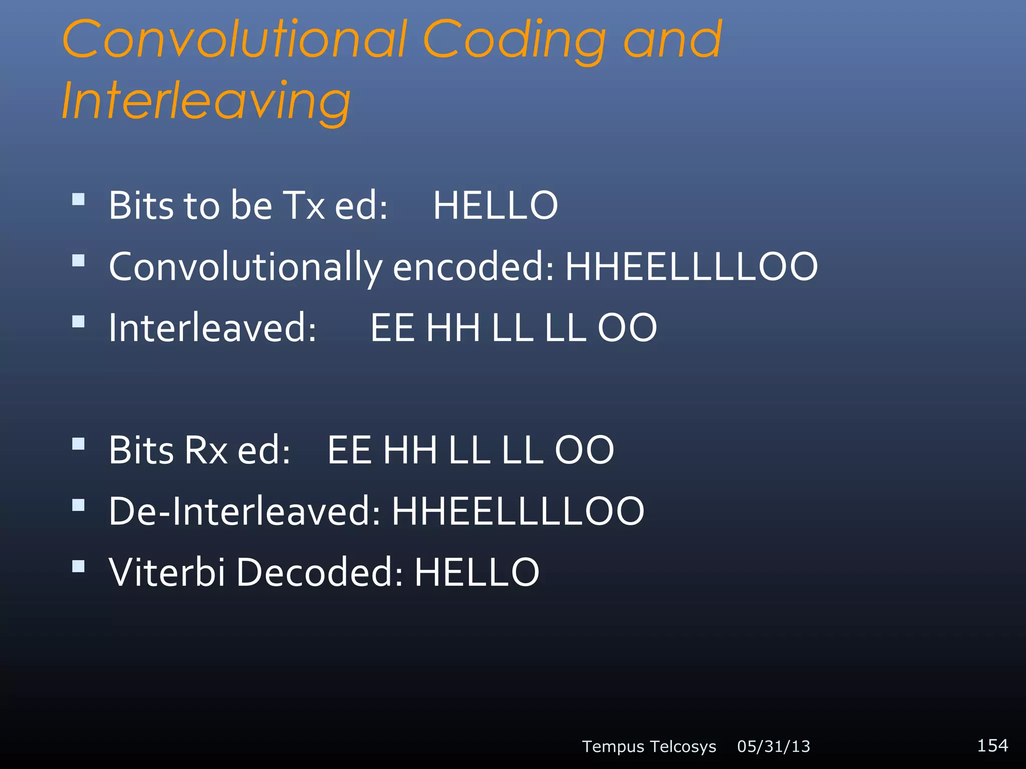 Convolutional Coding and
Interleaving
 Bits to be Tx ed: HELLO
 Convolutionally encoded: HHEELLLLOO
 Interleaved: EE HH LL LL OO
 Bits Rx ed: EE HH LL LL OO
 De-Interleaved: HHEELLLLOO
 Viterbi Decoded: HELLO
05/31/13Tempus Telcosys 154
 