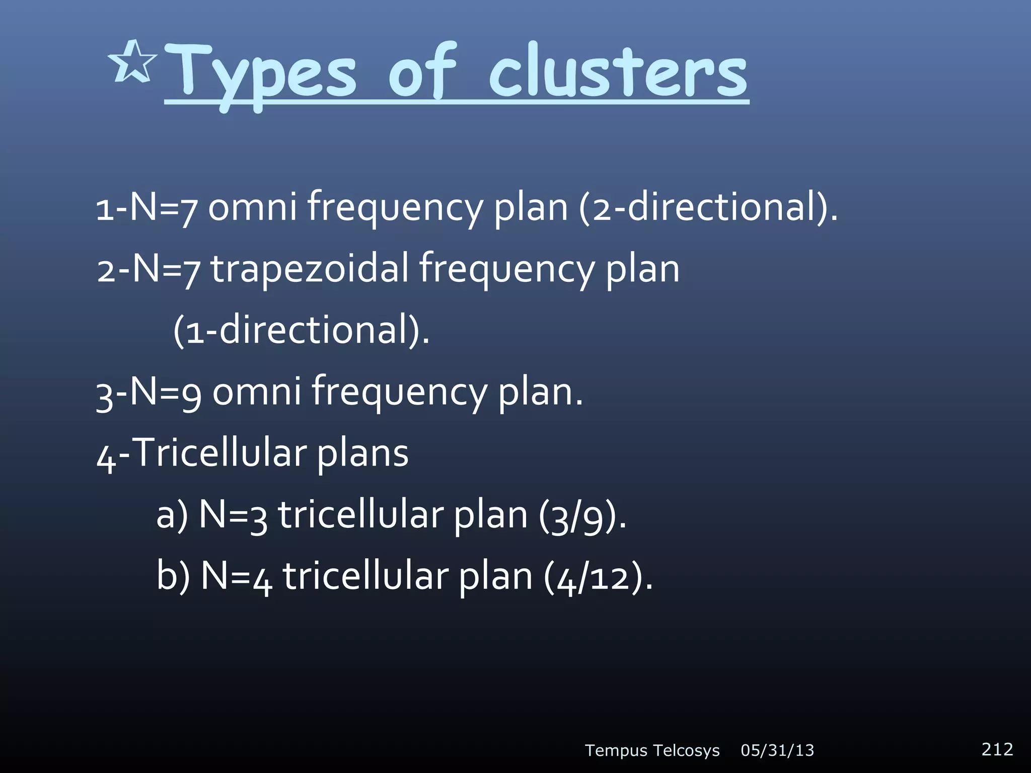 Types of clusters
1-N=7 omni frequency plan (2-directional).
2-N=7 trapezoidal frequency plan
(1-directional).
3-N=9 omni frequency plan.
4-Tricellular plans
a) N=3 tricellular plan (3/9).
b) N=4 tricellular plan (4/12).
05/31/13Tempus Telcosys 212
 