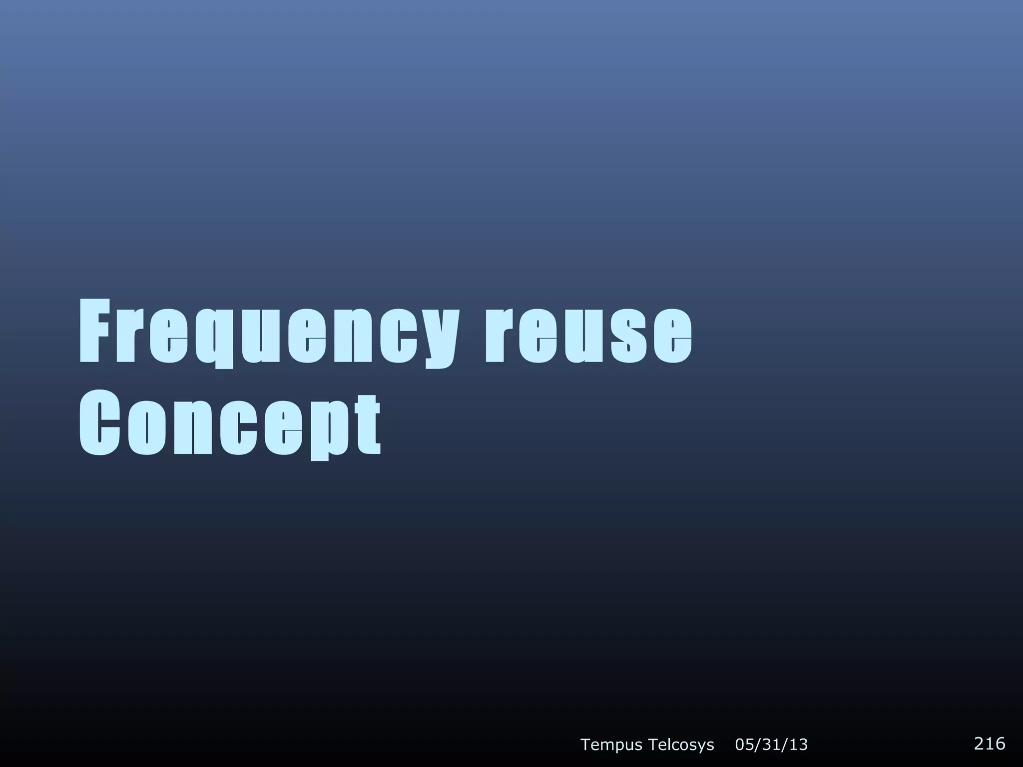 Frequency reuse
Concept
05/31/13Tempus Telcosys 216
 