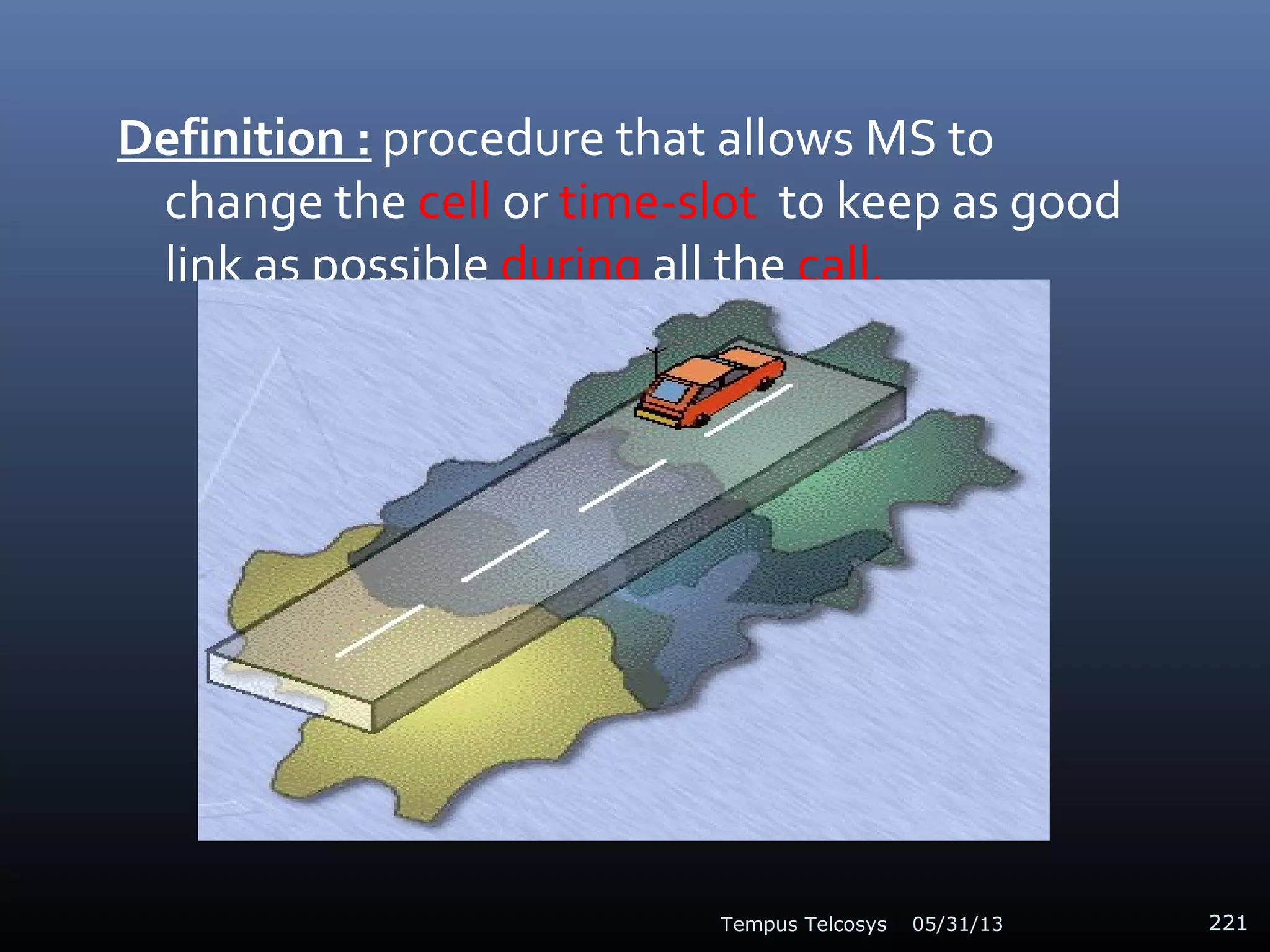 Definition : procedure that allows MS to
change the cell or time-slot to keep as good
link as possible during all the call.
05/31/13Tempus Telcosys 221
 