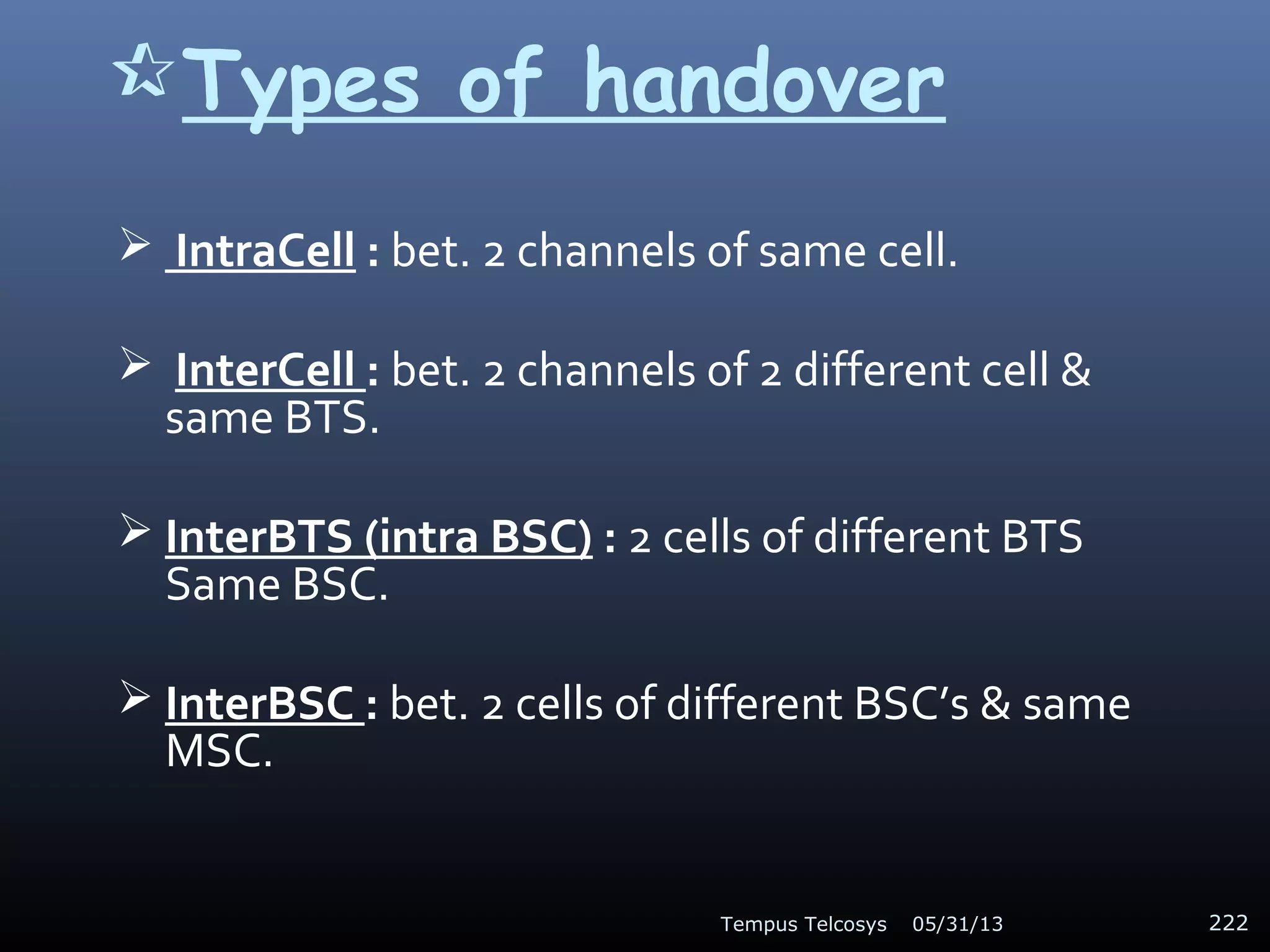 Types of handover
 IntraCell : bet. 2 channels of same cell.
 InterCell : bet. 2 channels of 2 different cell &
same BTS.
 InterBTS (intra BSC) : 2 cells of different BTS
Same BSC.
 InterBSC : bet. 2 cells of different BSC’s & same
MSC.
05/31/13Tempus Telcosys 222
 