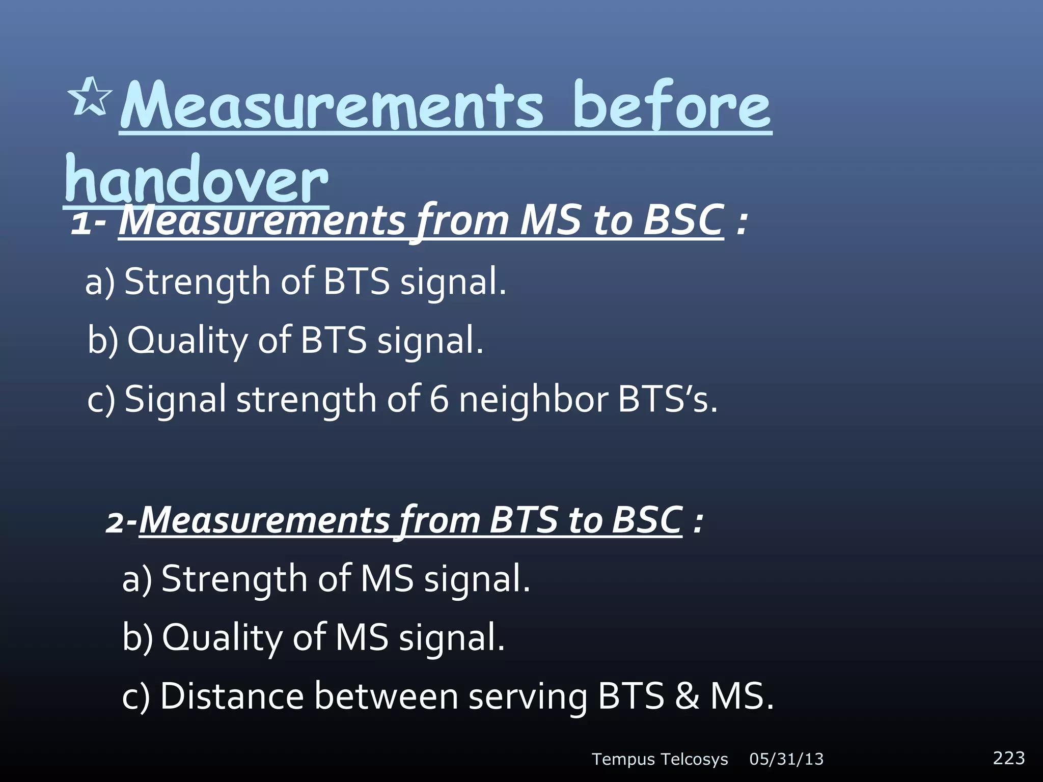 Measurements before
handover
1- Measurements from MS to BSC :
a) Strength of BTS signal.
b) Quality of BTS signal.
c) Signal strength of 6 neighbor BTS’s.
2-Measurements from BTS to BSC :
a) Strength of MS signal.
b) Quality of MS signal.
c) Distance between serving BTS & MS.
05/31/13Tempus Telcosys 223
 