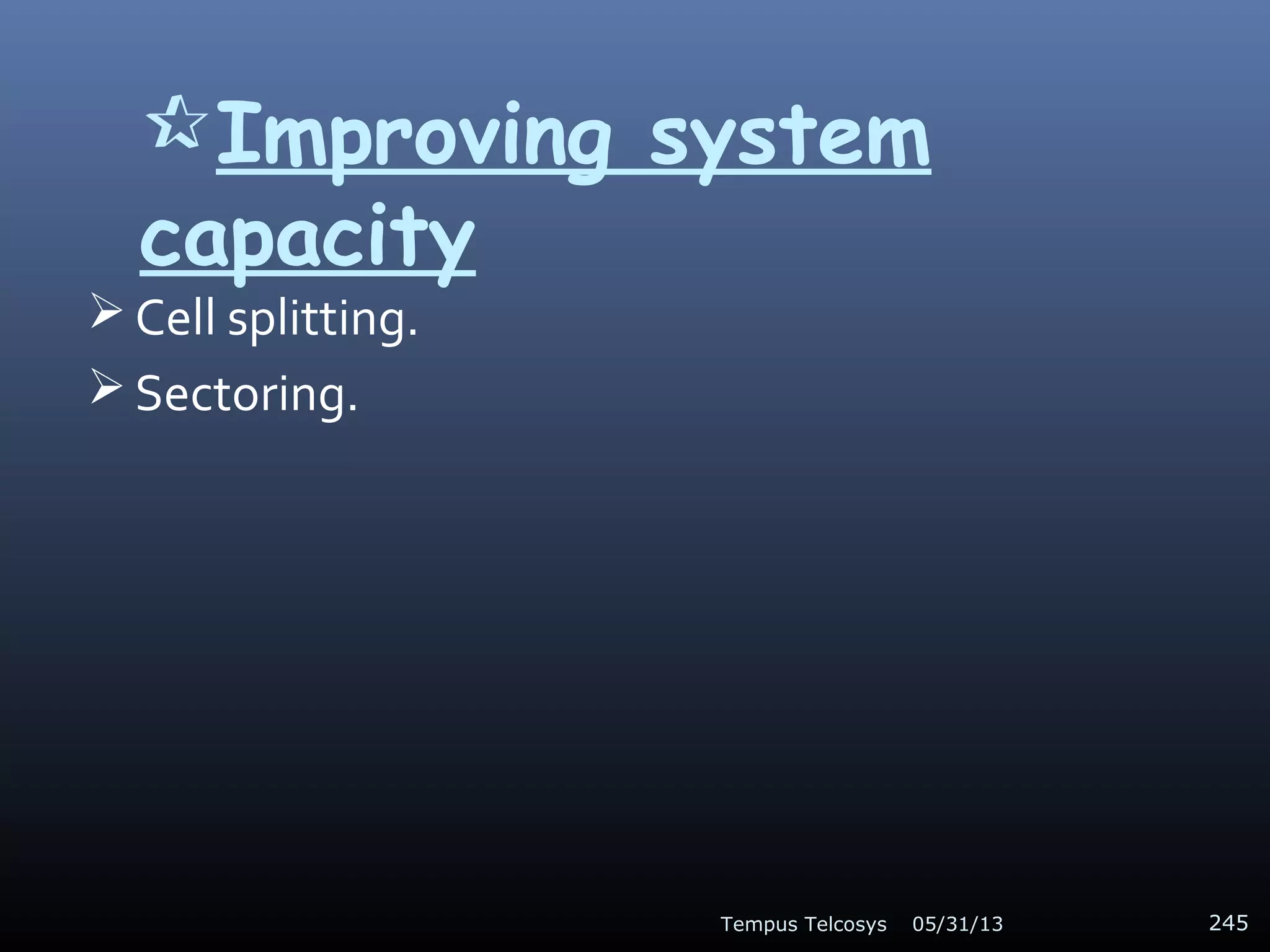 Improving system
capacity
 Cell splitting.
 Sectoring.
05/31/13Tempus Telcosys 245
 