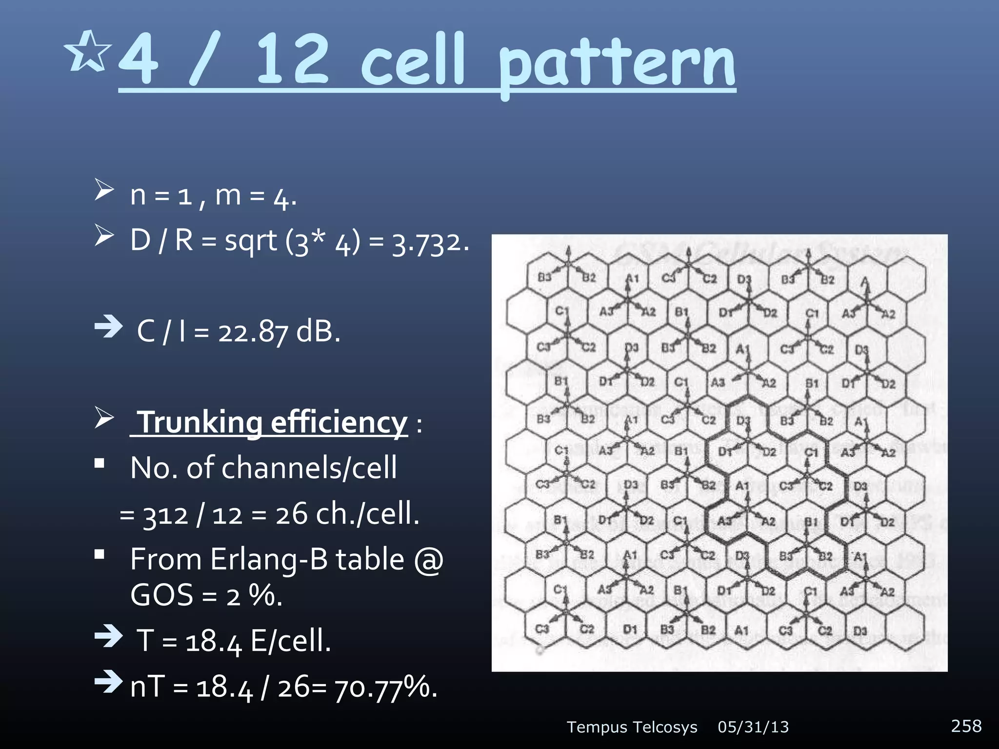 4 / 12 cell pattern
 n = 1 , m = 4.
 D / R = sqrt (3* 4) = 3.732.
 C / I = 22.87 dB.
 Trunking efficiency :
 No. of channels/cell
= 312 / 12 = 26 ch./cell.
 From Erlang-B table @
GOS = 2 %.
 T = 18.4 E/cell.
 nT = 18.4 / 26= 70.77%.
05/31/13Tempus Telcosys 258
 