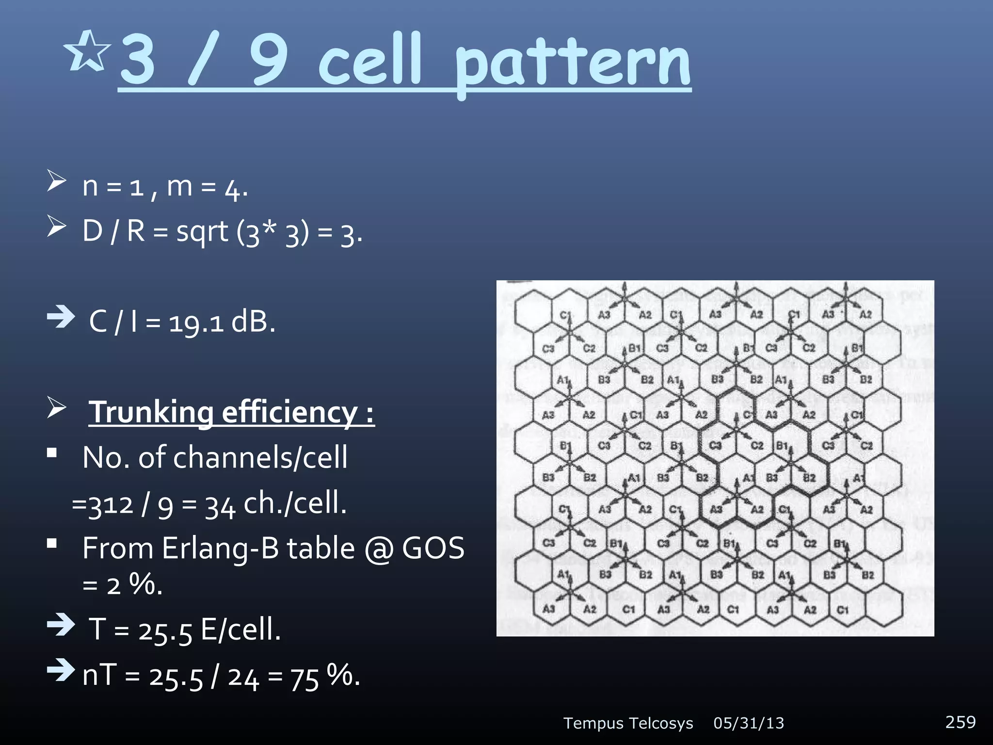 3 / 9 cell pattern
 n = 1 , m = 4.
 D / R = sqrt (3* 3) = 3.
 C / I = 19.1 dB.
 Trunking efficiency :
 No. of channels/cell
=312 / 9 = 34 ch./cell.
 From Erlang-B table @ GOS
= 2 %.
 T = 25.5 E/cell.
 nT = 25.5 / 24 = 75 %.
05/31/13Tempus Telcosys 259
 