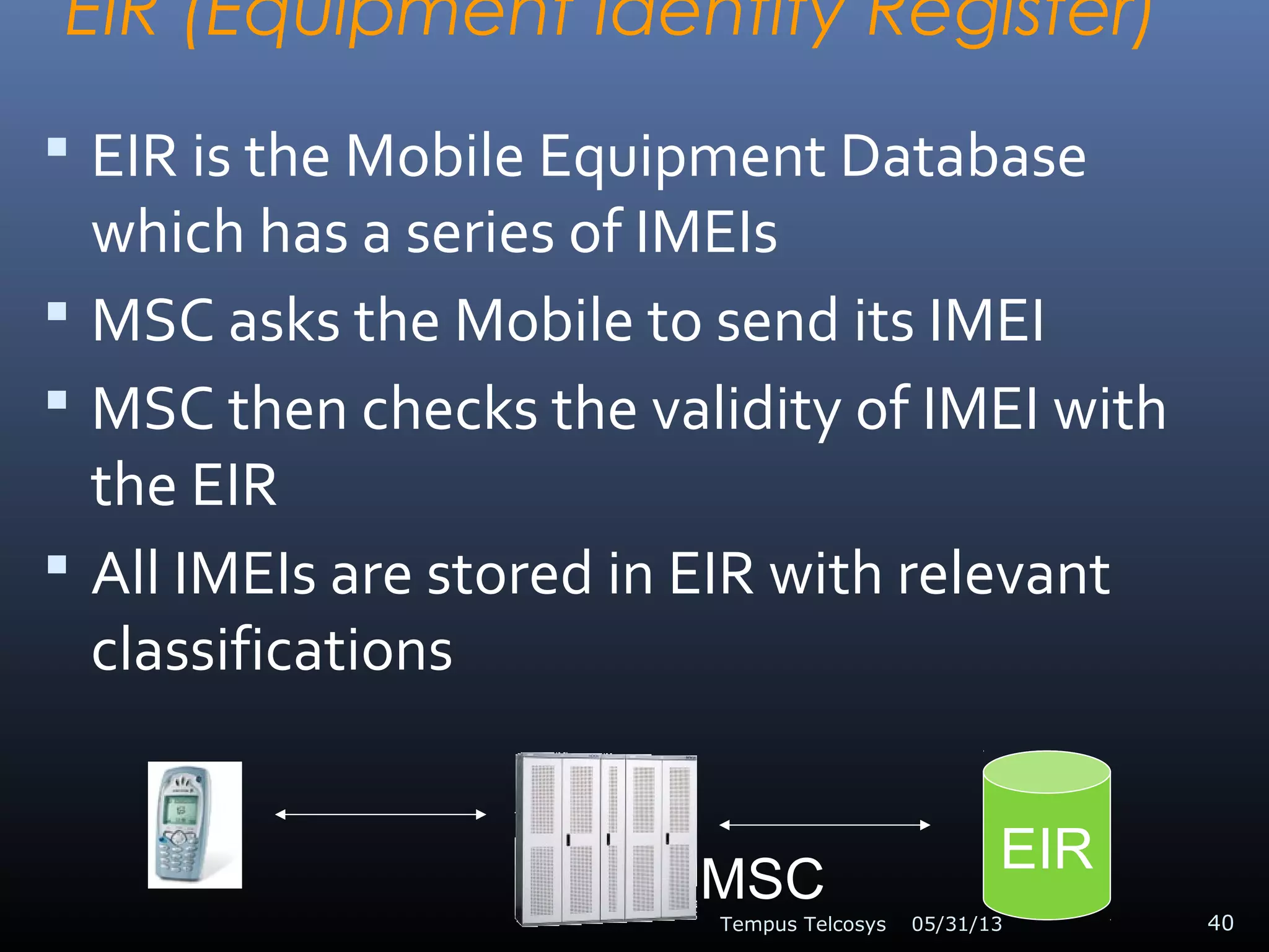 EIR (Equipment Identity Register)
 EIR is the Mobile Equipment Database
which has a series of IMEIs
 MSC asks the Mobile to send its IMEI
 MSC then checks the validity of IMEI with
the EIR
 All IMEIs are stored in EIR with relevant
classifications
05/31/13Tempus Telcosys 40
EIR
MSC
 
