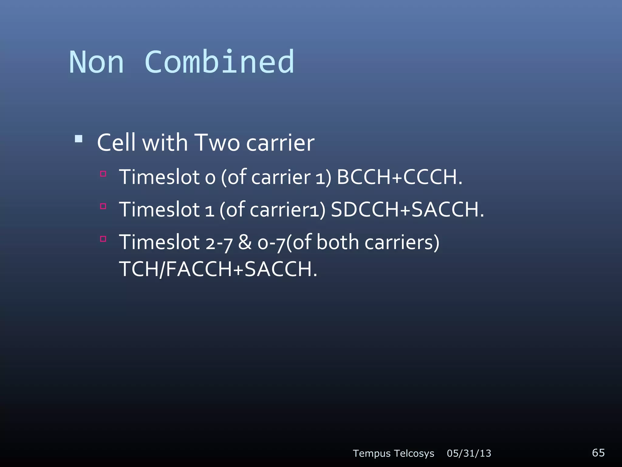 Non Combined
 Cell with Two carrier
 Timeslot 0 (of carrier 1) BCCH+CCCH.
 Timeslot 1 (of carrier1) SDCCH+SACCH.
 Timeslot 2-7 & 0-7(of both carriers)
TCH/FACCH+SACCH.
05/31/13Tempus Telcosys 65
 