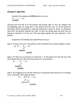 ANALYSIS & DESIGN OF ALGORITHMS                     Chap 7 – Space and Time Tradeoffs



Horspool’s algorithm:

       Consider the example as BARBER pattern in a text
       s0…………c………...sn-1
        BARBER

Starting with the last R of the pattern and moving right to left, we compare the
corresponding pairs of characters in the pattern and the text. If all the pattern’s
characters match successfully, a matching substring is found. If there is a mismatch
then shift the pattern towards the right, to shift we should know the shift size by
looking at character C of the text that was aligned against the last character, in the
pattern.

       In general, the following four possibilities can occur:

Case 1: If there are no C’s in the pattern, shift the pattern by its entire length to right.
         e.g : S0…………S…………Sn-1

                  BARBER
                             BARBER

Case 2: If there are occurrences of character ‘c’ in the pattern but the last one, then
shift should align the right most occurrence of c in the pattern
        S0……….……B…………Sn-1


            BARBE R
              BARBER

Case 3: If C happens to be the last character in the pattern then there are no C’s among
its m-1 character, shift same as case 1.
               S0…………M E R…………Sn-1

                             || ||
                     LEA D E R
                                     LEADER




S. P. Sreeja, Asst.Prof., Dept. of MCA, NHCE                                 102
 