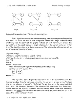 ANALYSIS & DESIGN OF ALGORITHMS                                       Chap 9 – Greedy Technique



                   1                         1                            1
           a           b          a               b           a                   b

                       2                          2
       5                                                      5

           c           d              c               d           c               d
                   3
                                             3                            3
               Graph                  W(T1) = 6                       W(T2) = 9

Graph and its spanning tree ; T1 is the min spanning tree .

         Prim’s algorithm constructs a minimum spanning tree thru a sequence of expanding
sub trees. The initial sub tree in such a sequence consists of a single vertex selected
arbitrarily from the set V of the graph’s vertices. On each iteration, we expand the
current tree in the greedy manner by simply attaching to it the nearest vertex not in that
tree. The algorithm stops after being constructed. The total number of iterations will be
n-1, if there are ‘n’ number of edges.

Algorithm Prim(G)
// Input: A weighted connected graph G = {V, E}
// Output: ET, the set of edges composing a minimum spanning tree of G.
VT <- {V0}
ET <- ø
For i <- 1 to |V|-1 do
    Find a minimum weight edge e*=(v*,u*) among all the edges (v,u)
    such that v is in VT & u is in V-VT.
         VT <- VT U {u*}
         ET <- ET U {e*}
Return ET.

        The algorithm makes to provide each vertex not in the current tree with the
information about the shortest edge connecting the vertex to a tree vertex. Vertices
that are not adjacent is labeled “∞ “ (infinity). The Vertices not in the tree are divided
into 2 sets : the fringe and the unseen. The fringe contains only the vertices that are not
in the tree but are adjacent to atleast one tree vertex. From these next vertices is
selected. The unseen vertices are all the other vertices of the graph, (they are yet to be
seen). This can be broken arbitrarily.

 S. P. Sreeja, Asst. Prof., Dept of MCA, NHCE                                         122
 