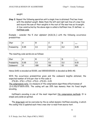 ANALYSIS & DESIGN OF ALGORITHMS                              Chap 9 – Greedy Technique



         weight.

Step 2: Repeat the following operation until a single tree is obtained. Find two trees
        with the smallest weight. Make them the left and right sub tree of a new tree
        and record the sum of their weights in the root of the new tree as its weight.
        A tree constructed by the above algm is called a Huffman tree. It defines – a
        Huffman code.

Example : consider the 5 char alphabet {A,B,C,D,-} with the following occurrence
probabilities:

Char            A                B             C           D                __

Probability     0.35             0.1           0.2         0.2              0.15


The resulting code words are as follows:

Char            A                B             C           D                __
Probability     0.35             0.1           0.2         0.2              0.15
Codeword        11               100           00          01               101

Hence DAD is encoded as 011101, and 10011011011101 is decoded as BAD-AD.

With the occurrence probabilities given and the codeword lengths obtained, the
expected number of bits per char in this code is:
    2*0.35 + 3*0.1 + 2*0.2 + 2*0.2 + 3*0.15 = 2.25
The compression ratio, is a measure of the compression algorithms effectiveness of
 (3-2.25)/3*100%=25%. The coding will use 25% less memory than its fixed length
encoding.

   Huffman’s encoding is one of the most important file compression methods. It is
simple and yields an optimal.

   The draw back can be overcome by the so called dynamic Huffman encoding, in which
the coding tree is updated each time a new char is read from source text.

                                                                       n


S. P. Sreeja, Asst. Prof., Dept of MCA, NHCE                               132
 