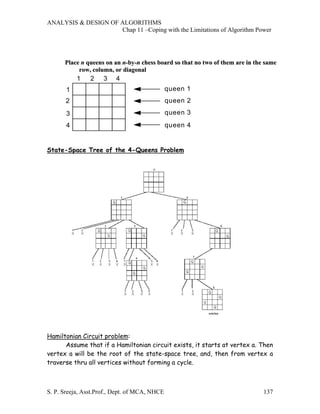 ANALYSIS & DESIGN OF ALGORITHMS
                     Chap 11 –Coping with the Limitations of Algorithm Power




      Place n queens on an n-by-n chess board so that no two of them are in the same
           row, column, or diagonal
           1    2    3    4
       1                                       queen 1
       2                                       queen 2
       3                                       queen 3
       4                                       queen 4


State-Space Tree of the 4-Queens Problem




Hamiltonian Circuit problem:
      Assume that if a Hamiltonian circuit exists, it starts at vertex a. Then
vertex a will be the root of the state-space tree, and, then from vertex a
traverse thru all vertices without forming a cycle.



S. P. Sreeja, Asst.Prof., Dept. of MCA, NHCE                                   137
 