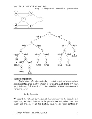 ANALYSIS & DESIGN OF ALGORITHMS
                     Chap 11 –Coping with the Limitations of Algorithm Power

  a                      b

               c                       f

  d                      e

                                                     0
                                 w 3
                                  ith                     w 3
                                                           /o


                            3                                              0
             w 5
              ith                 w 5
                                   /o                           w 5
                                                                 ith           w 5
                                                                                /o

         8                                 3                     5               0
w 6
 ith             w 6
                  /o            w 6
                                 ith           w 6
                                                /o       w 6
                                                          ith          w 6
                                                                        /o       X
                                                                               0 1 <5
                                                                                +3 1

   14              8              9             3          11          5
   X w 7
      ith              w 7
                        /o        X             X          X           X
1 +>5
 471                             971
                                 +>5           371
                                               +<5       1 +>4
                                                          171        571
                                                                     +<5
          15            8
        so tio
          lu n          X
                       81
                       <5


Subset-Sum problem:
      Find a subset of a given set s={s1,………sn} of n positive integers whose
sum is equal to a given positive integer d. For ex, s={1,2,5,6,8} and d=9, there
are 2 solutions, {1,2,6} & {1,8 }. It is convenient to sort the elements in
increasing order:

                   s1≤ s2≤ s3…………sn

We record the value of s′, the sum of these numbers in the node. If s′ is
equal to d, we have a solution to the problem. We can either report this
result and stop or, if all the solutions need to be found, continue by



S. P. Sreeja, Asst.Prof., Dept. of MCA, NHCE                                         138
 