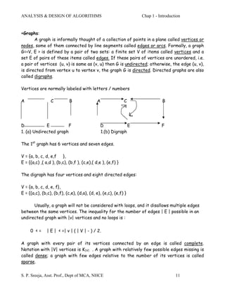 ANALYSIS & DESIGN OF ALGORITHMS                                  Chap 1 - Introduction


∗Graphs:
       A graph is informally thought of a collection of points in a plane called vertices or
nodes, some of them connected by line segments called edges or arcs. Formally, a graph
G=<V, E > is defined by a pair of two sets: a finite set V of items called vertices and a
set E of pairs of these items called edges. If these pairs of vertices are unordered, i.e.
a pair of vertices (u, v) is same as (v, u) then G is undirected; otherwise, the edge (u, v),
is directed from vertex u to vertex v, the graph G is directed. Directed graphs are also
called digraphs.

Vertices are normally labeled with letters / numbers

A                C          B                A               C              B




D            E         F                       D             E             F
1. (a) Undirected graph                        1.(b) Digraph

The 1st graph has 6 vertices and seven edges.

V = {a, b, c, d, e,f    },
E = {(a,c) ,( a,d ), (b,c), (b,f ), (c,e),( d,e ), (e,f) }

The digraph has four vertices and eight directed edges:

V = {a, b, c, d, e, f},
E = {(a,c), (b,c), (b,f), (c,e), (d,a), (d, e), (e,c), (e,f) }

      Usually, a graph will not be considered with loops, and it disallows multiple edges
between the same vertices. The inequality for the number of edges | E | possible in an
undirected graph with |v| vertices and no loops is :

     0 <=      | E | < =| v | ( | V | - ) / 2.

A graph with every pair of its vertices connected by an edge is called complete.
Notation with |V| vertices is K|V| . A graph with relatively few possible edges missing is
called dense; a graph with few edges relative to the number of its vertices is called
sparse.


S. P. Sreeja, Asst. Prof., Dept of MCA, NHCE                                       11
 