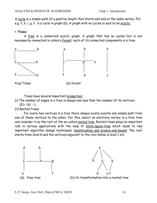 ANALYSIS & DESIGN OF ALGORITHMS                                Chap 1 - Introduction

A cycle is a simple path of a positive length that starts and end at the same vertex. For
e.g. f, h, i, g, f is a cycle in graph (b). A graph with no cycles is said to be acyclic.

∗ Trees:
      A tree is a connected acyclic graph. A graph that has no cycles but is not
necessarily connected is called a forest: each of its connected components is a tree.

a                b                   a                b                h



c               d                   c                 d    e           i



f               g                   f                 g                j

4.(a) Trees                              (b) forest



        Trees have several important properties :
(i) The number of edges in a tree is always one less than the number of its vertices:
     |E|= |V| - 1.
(ii) Rooted trees:
        For every two vertices in a tree there always exists exactly one simple path from
one of these vertices to the other. For this, select an arbitrary vertex in a free tree
and consider it as the root of the so-called rooted tree. Rooted trees plays an important
role in various applications with the help of state-space-tree which leads to two
important algorithm design techniques: backtracking and branch-and-bound. The root
starts from level 0 and the vertices adjacent to the root below is level 1 etc.



      d             b                                          a



      c              a      g                             b        c       g



     e                      f                                d       ef
    (a) free tree                          (b) its transformation into a rooted tree



S. P. Sreeja, Asst. Prof., Dept of MCA, NHCE                                     14
 