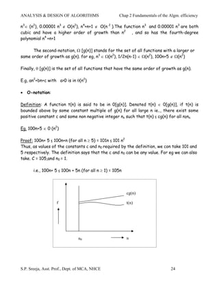 ANALYSIS & DESIGN OF ALGORITHMS                      Chap 2 Fundamentals of the Algm. efficiency

n3∈ (n2), 0.00001 n3 ∉ O(n2), n4+n+1 ∉ O(n 2 ).The function n3 and 0.00001 n3 are both
cubic and have a higher order of growth than n2 , and so has the fourth-degree
polynomial n4 +n+1

      The second-notation, Ω [g(n)] stands for the set of all functions with a larger or
same order of growth as g(n). for eg, n3 ∈ Ω(n2), 1/2n(n-1) ∈ Ω(n2), 100n+5 ∉ Ω(n2)

Finally, θ [g(n)] is the set of all functions that have the same order of growth as g(n).

E.g, an2+bn+c with a>0 is in θ(n2)

•   O-notation:

Definition: A function t(n) is said to be in 0[g(n)]. Denoted t(n) ∈ 0[g(n)], if t(n) is
bounded above by some constant multiple of g(n) for all large n ie.., there exist some
positive constant c and some non negative integer no such that t(n) ≤ cg(n) for all n≥no.

Eg. 100n+5 ∈ 0 (n2)

Proof: 100n+ 5 ≤ 100n+n (for all n ≥ 5) = 101n ≤ 101 n2
Thus, as values of the constants c and n0 required by the definition, we con take 101 and
5 respectively. The definition says that the c and n0 can be any value. For eg we can also
take. C = 105,and n0 = 1.

       i.e., 100n+ 5 ≤ 100n + 5n (for all n ≥ 1) = 105n




                                                          cg(n)

                   f                                      t(n)




                               n0                         n




S.P. Sreeja, Asst. Prof., Dept. of MCA, NHCE                                     24
 
