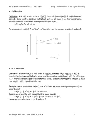 ANALYSIS & DESIGN OF ALGORITHMS                      Chap 2 Fundamentals of the Algm. efficiency

•   Ω-Notation:

Definition: A fn t(n) is said to be in Ω[g(n)], denoted t(n) ∈Ω[g(n)], if t(n) is bounded
below by some positive constant multiple of g(n) for all large n, ie., there exist some
positive constant c and some non negative integer n0 s.t.
      t(n) ≥ cg(n) for all n ≥ n0.

For example: n3 ∈ Ω(n2), Proof is n3 ≥ n2 for all n ≥ n0. i.e., we can select c=1 and n0=0.




                                                          t(n)

                      f                                     cg(n)




                                  n0                        n




•   θ - Notation:

Definition: A function t(n) is said to be in θ [g(n)], denoted t(n)∈ θ (g(n)), if t(n) is
bounded both above and below by some positive constant multiples of g(n) for all large n,
ie., if there exist some positive constant c1 and c2 and some nonnegative integer n0 such
that c2g(n) ≤ t(n) ≤ c1g(n) for all n ≥ n0.

Example: Let us prove that ½ n(n-1) ∈ θ( n2 ) .First, we prove the right inequality (the
upper bound)
      ½ n(n-1) = ½ n2 – ½ n ≤ ½ n2 for all n ≥ n0.
Second, we prove the left inequality (the lower bound)
      ½ n(n-1) = ½ n2 – ½ n ≥ ½ n2 – ½ n½ n for all n ≥ 2 = ¼ n2.
Hence, we can select c2= ¼, c2= ½ and n0 = 2




S.P. Sreeja, Asst. Prof., Dept. of MCA, NHCE                                     25
 