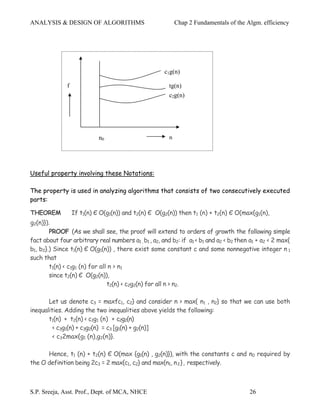 ANALYSIS & DESIGN OF ALGORITHMS                             Chap 2 Fundamentals of the Algm. efficiency




                                                      c1g(n)

              f                                         tg(n)
                                                        c2g(n)




                            n0                          n




Useful property involving these Notations:

The property is used in analyzing algorithms that consists of two consecutively executed
parts:

THEOREM           If t1(n) Є O(g1(n)) and t2(n) Є O(g2(n)) then t1 (n) + t2(n) Є O(max{g1(n),
g2(n)}).
        PROOF (As we shall see, the proof will extend to orders of growth the following simple
fact about four arbitrary real numbers a1 , b1 , a2, and b2: if a1 < b1 and a2 < b2 then a1 + a2 < 2 max{
b1, b2}.) Since t1(n) Є O(g1(n)) , there exist some constant c and some nonnegative integer n 1
such that
        t1(n) < c1g1 (n) for all n > n1
        since t2(n) Є O(g2(n)),
                                t2(n) < c2g2(n) for all n > n2.

       Let us denote c3 = maxfc1, c2} and consider n > max{ n1 , n2} so that we can use both
inequalities. Adding the two inequalities above yields the following:
       t1(n) + t2(n) < c1g1 (n) + c2g2(n)
         < c3g1(n) + c3g2(n) = c3 [g1(n) + g2(n)]
         < c32max{g1 (n),g2(n)}.

      Hence, t1 (n) + t2(n) Є O(max {g1(n) , g2(n)}), with the constants c and n0 required by
the O definition being 2c3 = 2 max{c1, c2} and max{n1, n 2 }, respectively.



S.P. Sreeja, Asst. Prof., Dept. of MCA, NHCE                                            26
 