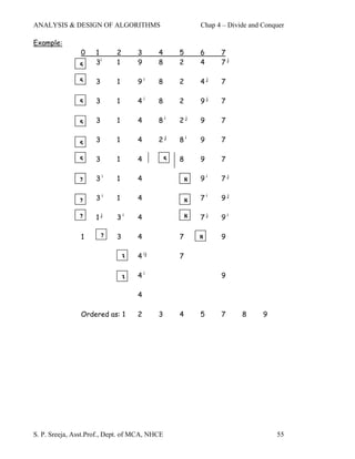 ANALYSIS & DESIGN OF ALGORITHMS                             Chap 4 – Divide and Conquer

Example:
               0     1       2       3      4       5       6     7
               5
               5     3i      1       9      8       2       4     7j

               5     3       1       9i     8       2       4j    7

               5     3       1       4i     8       2       9j    7


               5     3       1       4      8i      2j      9     7


               5     3       1       4      2j      8i      9     7

               5     3       1       4          5   8       9     7

               2     3i      1       4                  8   9i    7j


               2     3i      1       4                  8   7i    9j

               2     1j      3i      4                  8   7j    9i

                1        2   3       4              7       8     9

                                 3   4 ij           7


                                 3   4i                           9

                                     4

                Ordered as: 1        2      3       4       5     7      8      9




S. P. Sreeja, Asst.Prof., Dept. of MCA, NHCE                                        55
 