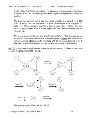 ANALYSIS & DESIGN OF ALGORITHMS                            Chap 5 – Decrease and Conquer

       stack). Reversing this give a solution. No back edge is encountered in the figure
       above and if it exist, then the digraph is not a dag and its impossible to obtain the
       solution.

       The algorithm works in such a way that, when a vertex V is popped off a DFS
       stack, no vertex with an edge from u to v can be among the vertices popped off
       before v. (Otherwise, (u,v) would have been a back edge).       Hence, any such
       vertex u will be listed after v in the popped-off order list and before v in the
       reversed list.

       The second algorithm is based on a direct implementation of the decrease-by-one
       technique. Repeatedly, identify in a remaining digraph a source, which is a vertex
       with no incoming edges and delete it along with all the edges outgoing from it.
       The order in which the vertices are deleted yields a solution to the problem.

NOTE: If there are several sources, break the tie arbitrarily. If there is none, stop
because the problem cannot be solved.


         C1                              C4
                                                                                    C4
                                                    Delete C1
                                                                     C3
                          C3


         C2                              C5                     C2                  C5


                                              C4                     C4

        Delete C2              C3                        Delete C3

                                              C5
                                                                       C5


                                                   Delete C5
              Delete C4             C5



       The solution obtained is C1, C2, C3, C4, C5.


S. P. Sreeja, Asst.Prof., Dept. of MCA, NHCE                                         79
 