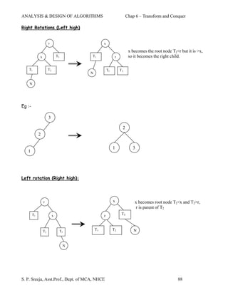 ANALYSIS & DESIGN OF ALGORITHMS                                       Chap 6 – Transform and Conquer

Right Rotations (Left high)


                      r                           x

                                                                       x becomes the root node T2<r but it is >x,
             x                 T3        T1                 r          so it becomes the right child.

    T1                T2                              T2        T3
                                         N


    N




Eg :-

                      3

                                                                 2
             2


                                                           1             3
   1




Left rotation (Right high):




                 r                                         x              x becomes root node T2<x and T2>r,
                                                                          r is parent of T2
        T1                 x                      r              T3



                 T2                 T3       T1            T2             N


                                     N




S. P. Sreeja, Asst.Prof., Dept. of MCA, NHCE                                                       88
 